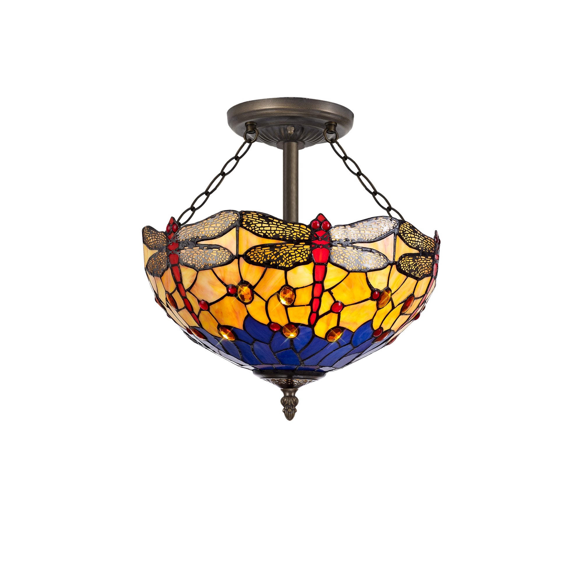 Fabula Hornbeam 3 Light Semi-Flush Light - 40cm Tiffany Shade - Blue & Orange