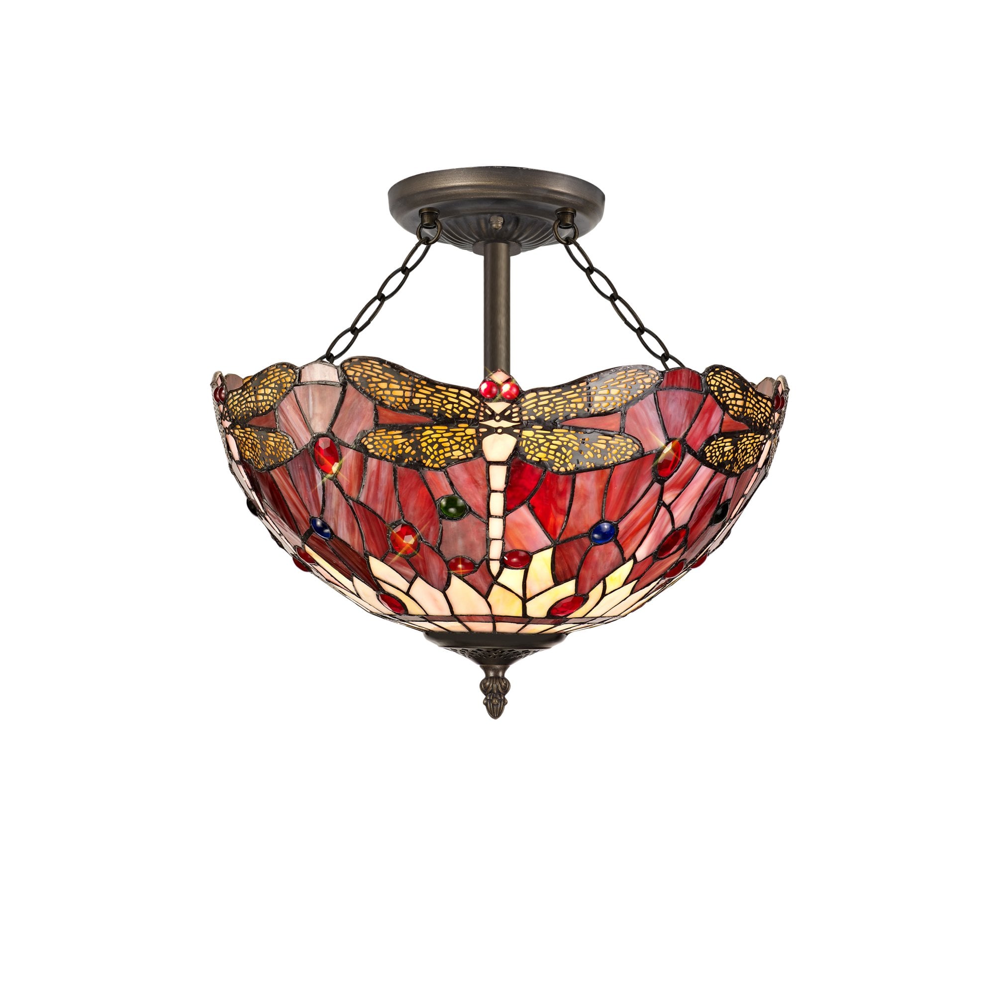 Fabula Hornbeam 3 Light Semi-Flush Light - 40cm Tiffany Shade - Purple & Pink