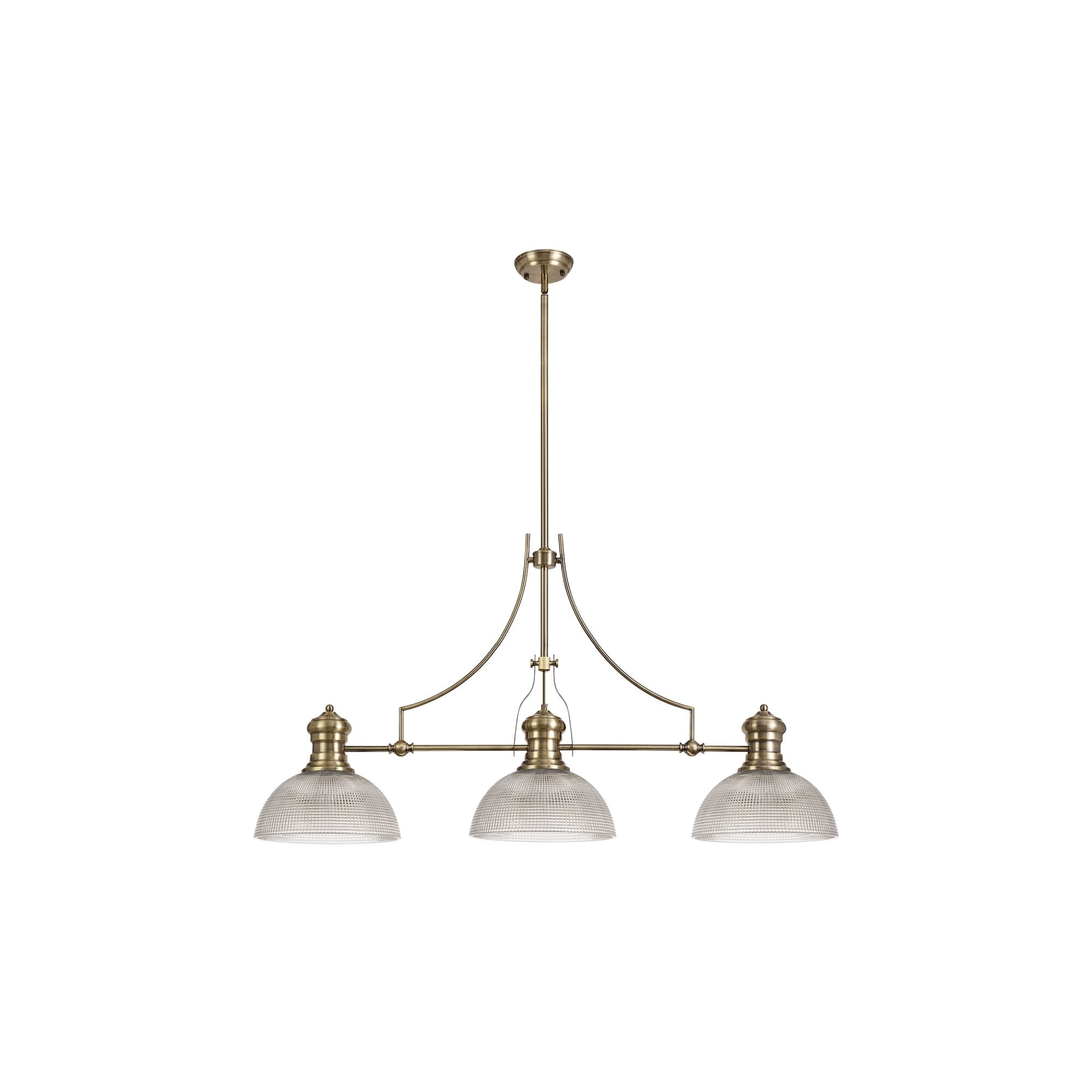 Fabula Epping 3 Light Linear Pendant - 30cm Prismatic Glass Shades - Antique Brass & Clear Glass