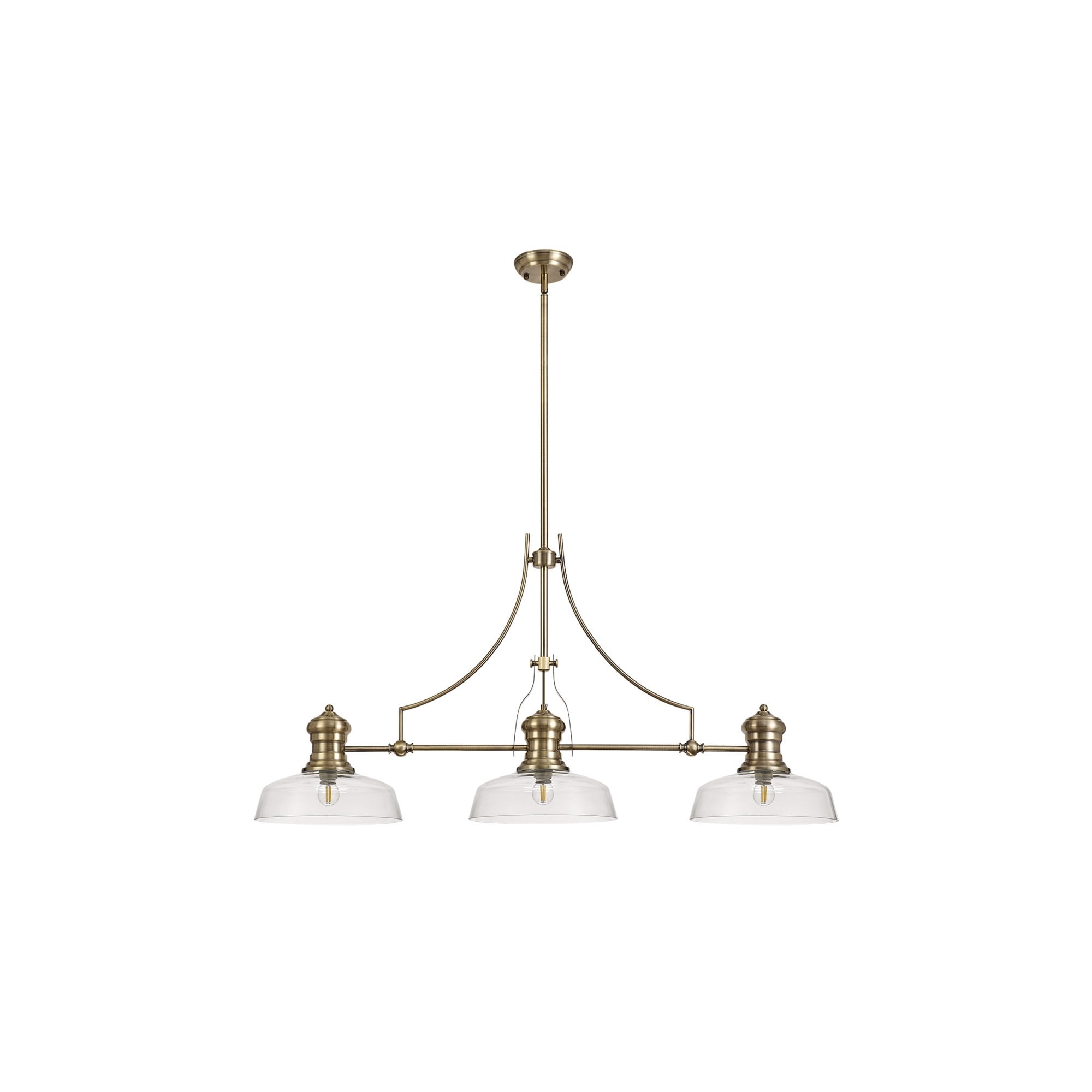 Fabula Epping 3 Light Linear Pendant - 30cm Flat Round Glass Shades - Antique Brass & Clear Glass