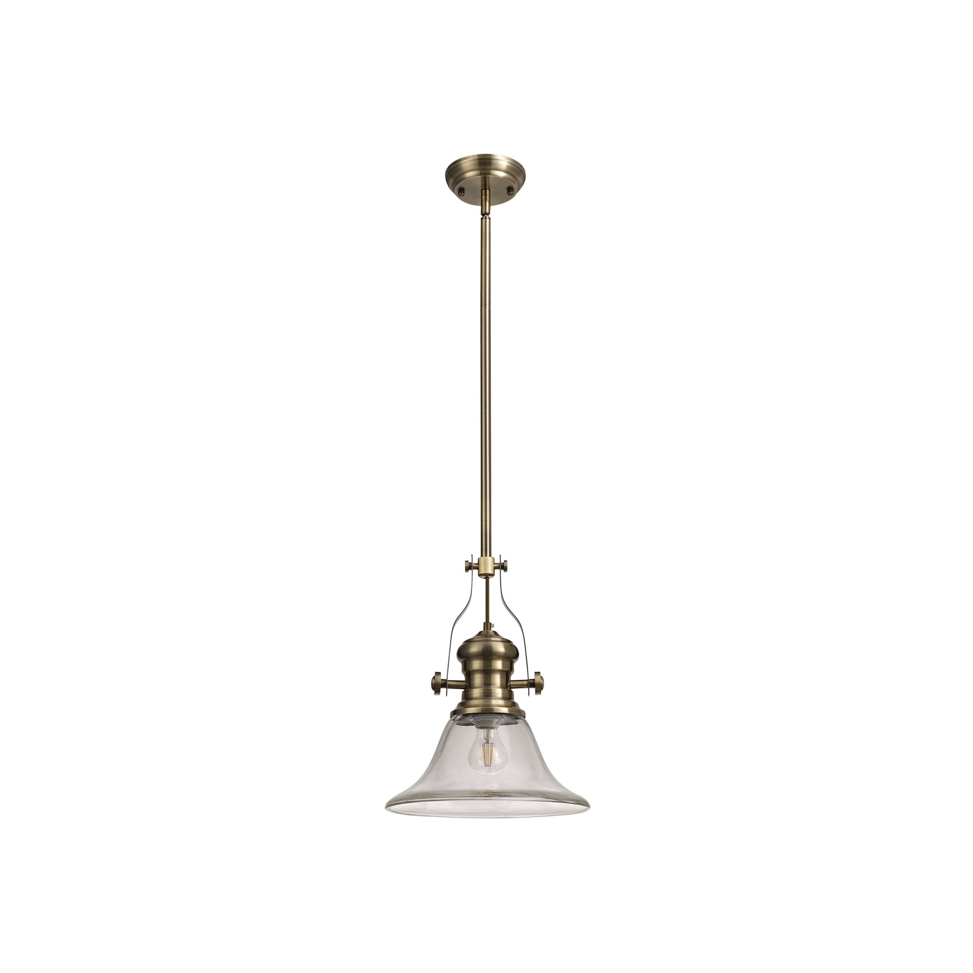 Fabula Epping Single Pendant - 30cm Smooth Bell Glass Shade - Antique Brass & Clear Glass
