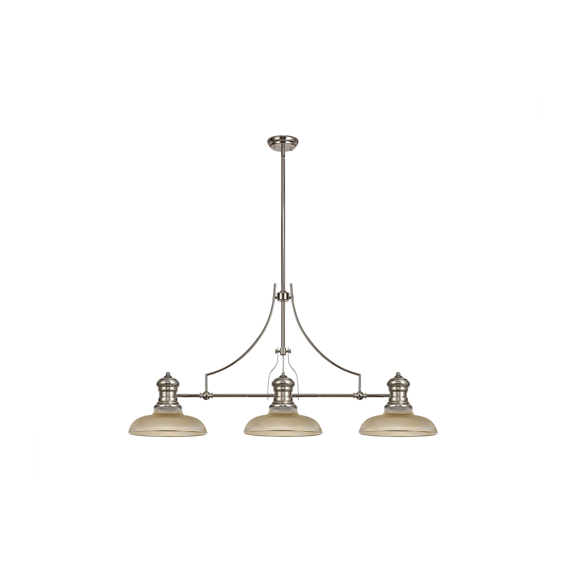 Fabula Epping 3 Light Linear Pendant - 30cm Round Glass Shades - Polished Nickel, Amber Glass