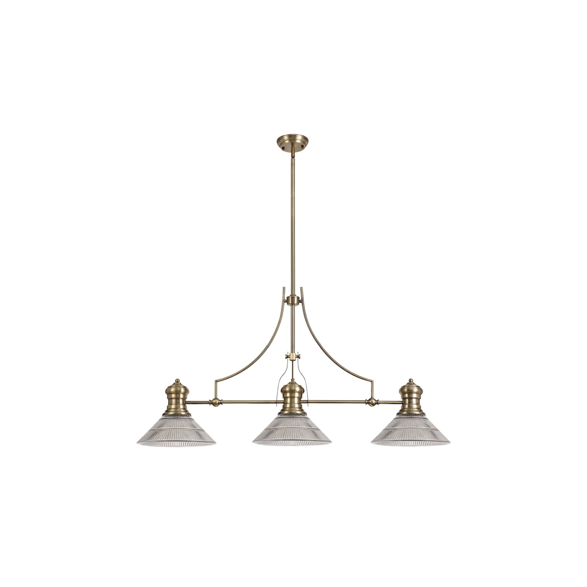 Fabula Epping 3 Light Linear Pendant - 30cm Cone Glass Shades - Antique Brass & Clear Glass