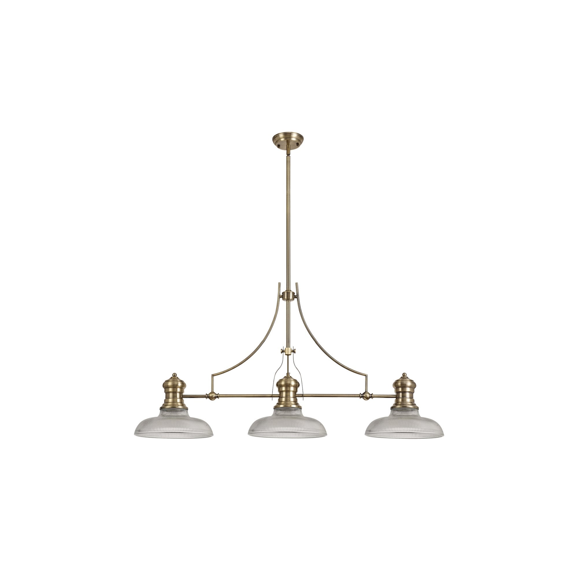 Fabula Epping 3 Light Linear Pendant - 30cm Round Glass Shades - Antique Brass & Clear Glass