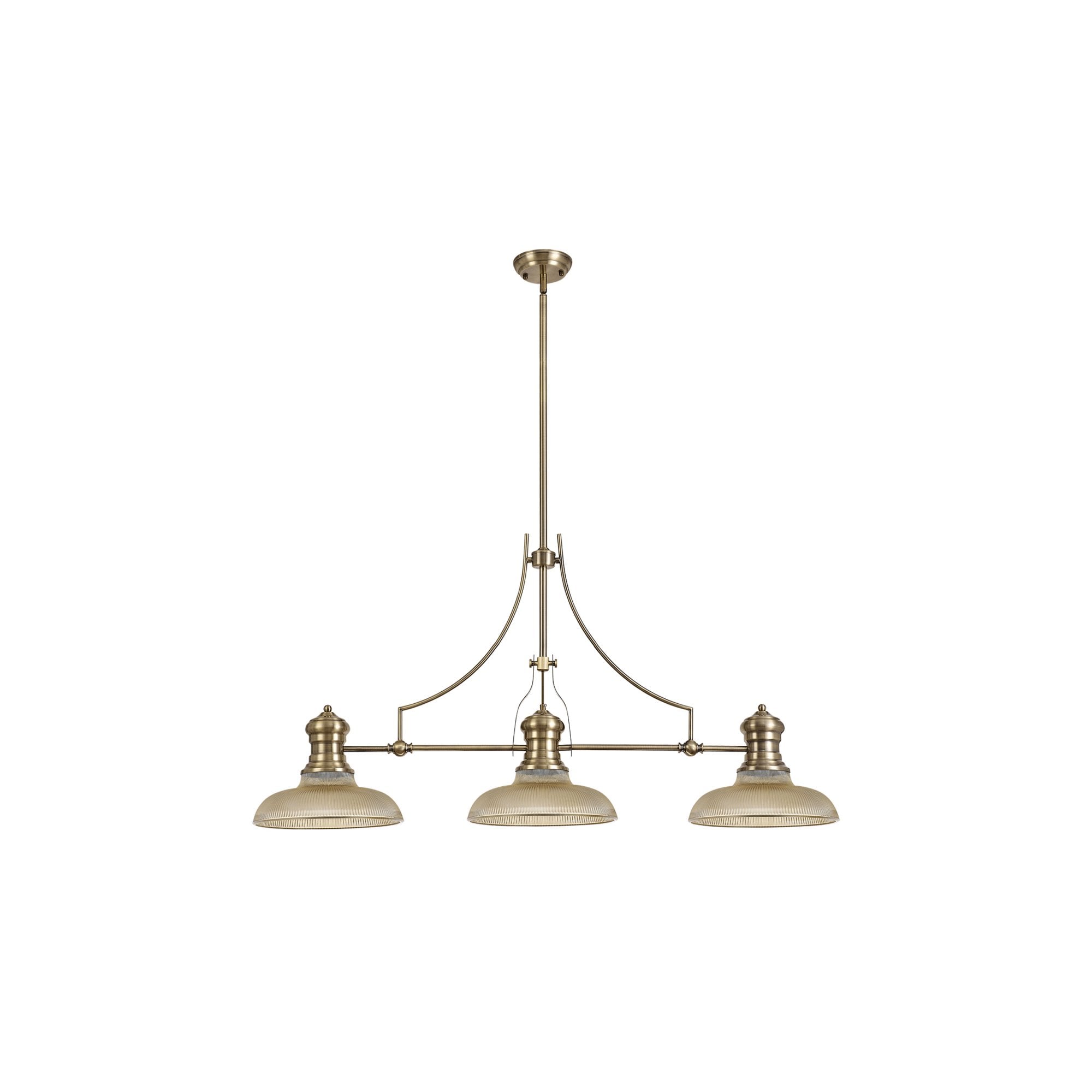 Fabula Epping 3 Light Linear Pendant - 30cm Round Glass Shades - Antique Brass, Amber Glass