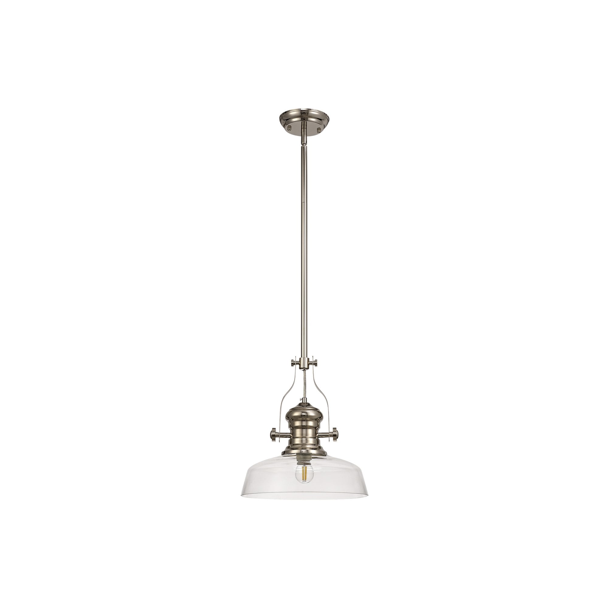 Fabula Epping Single Pendant - 30cm Flat Round Glass Shade - Polished Nickel & Clear Glass