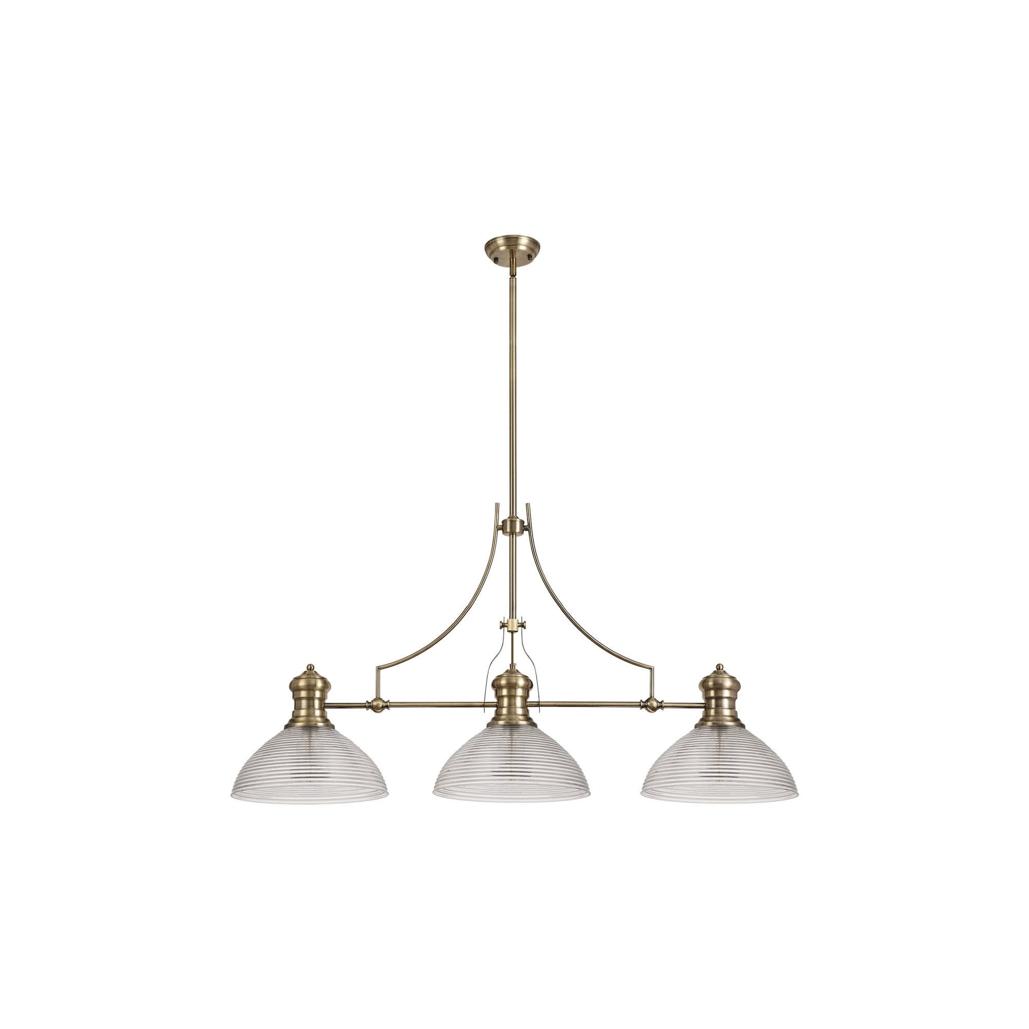 Fabula Epping 3 Light Linear Pendant - 33.5cm Prismatic Glass Shades - Antique Brass & Clear Glass