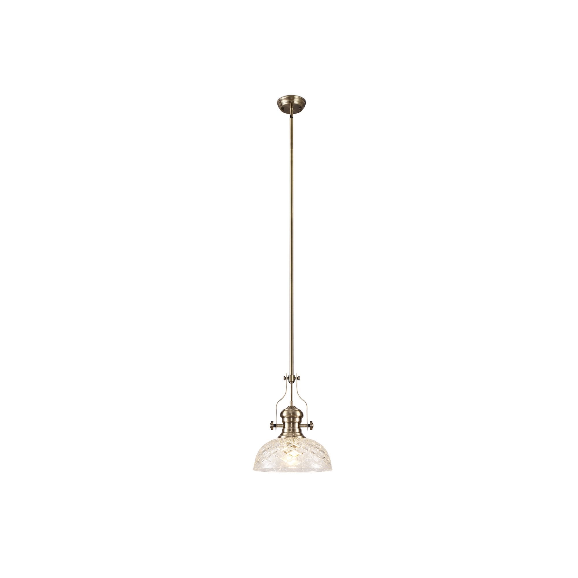 Fabula Epping Single Pendant - 30cm Flat Round Patterned Shade - Antique Brass & Clear Glass