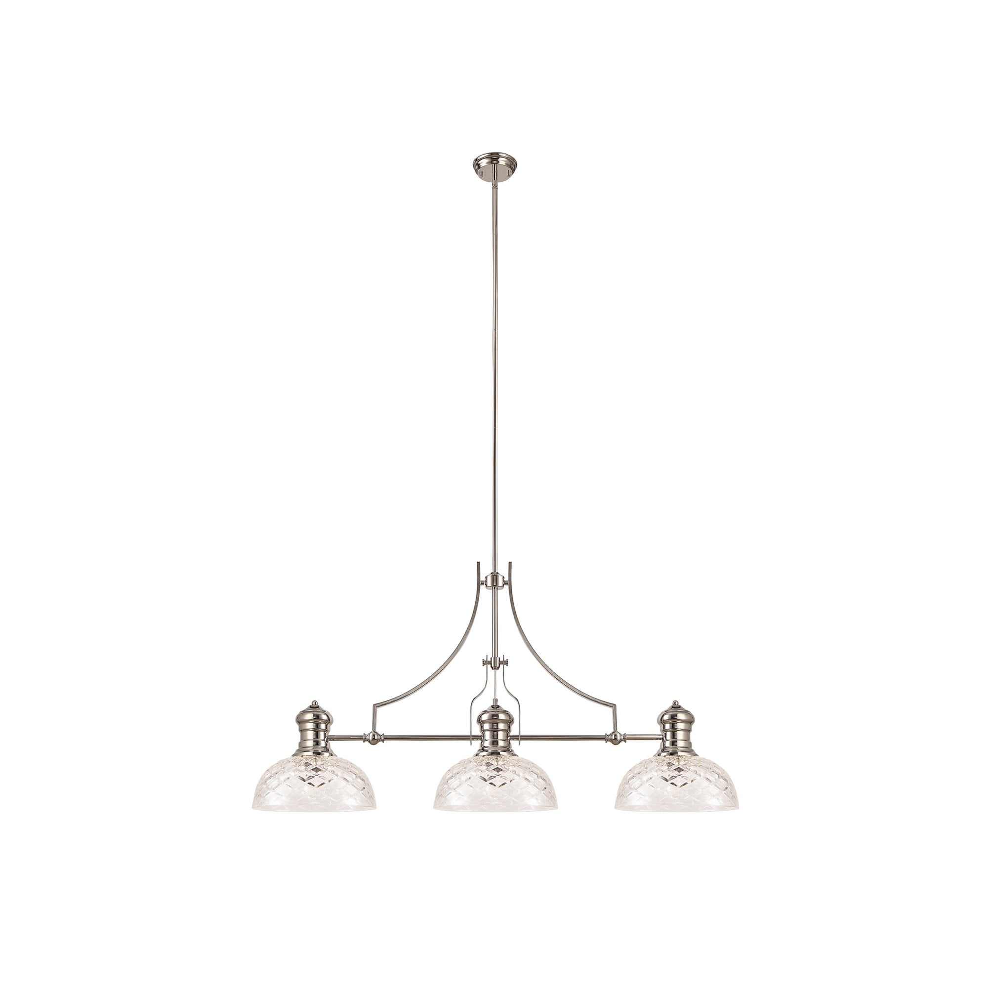 Fabula Epping 3 Light Linear Pendant - 30cm Flat Round Patterned Shades - Polished Nickel & Clear Glass
