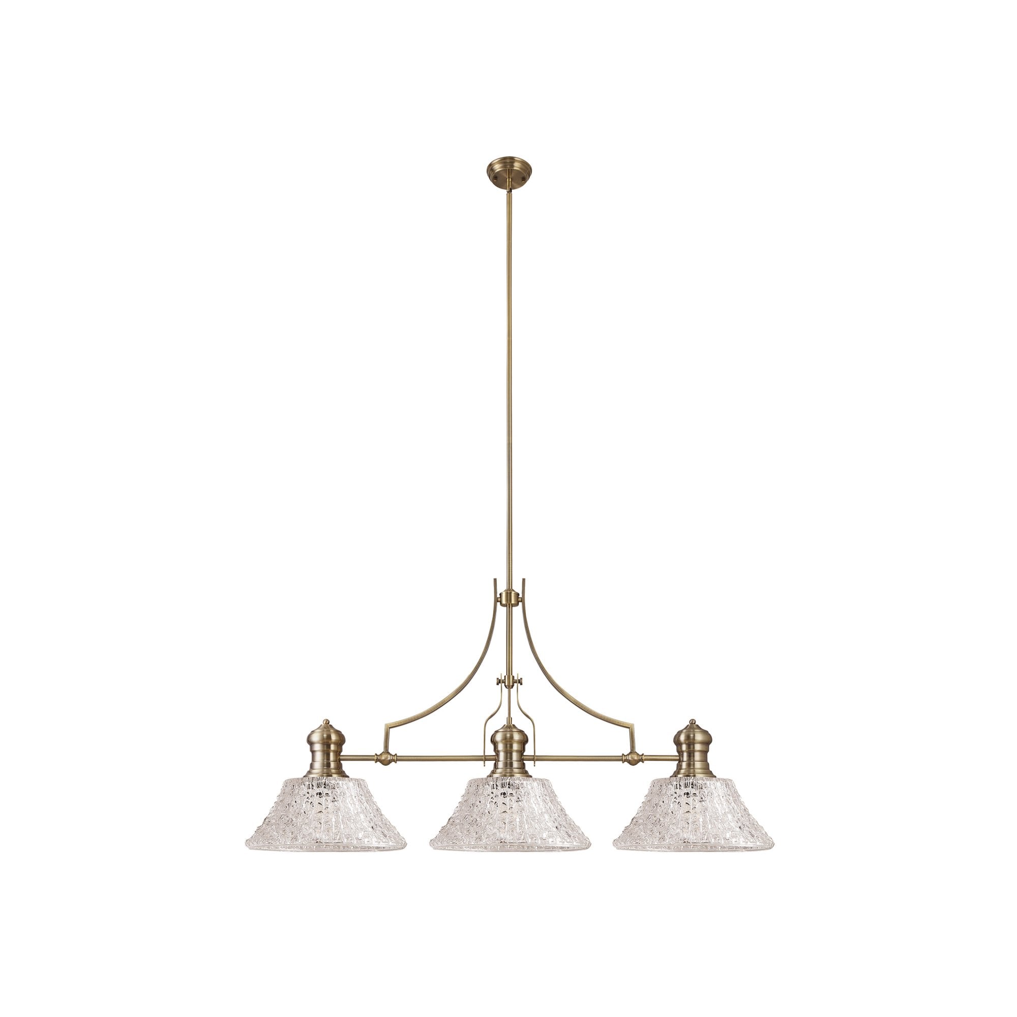 Fabula Epping 3 Light Linear Pendant - 38cm Patterned Round Glass Shades - Antique Brass & Clear Glass