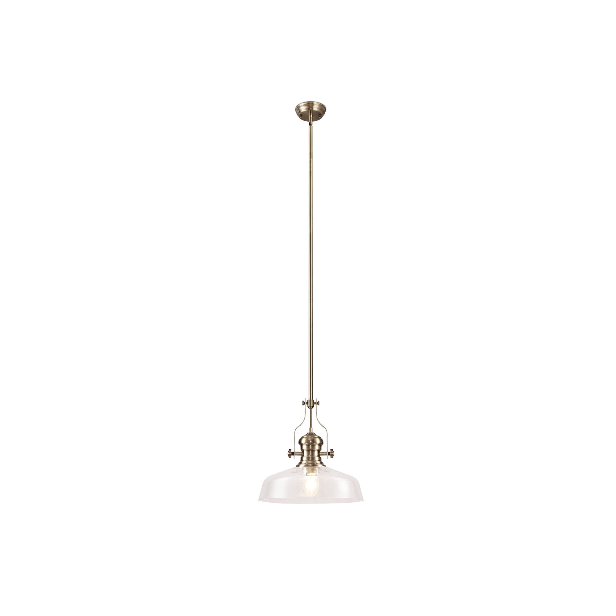 Fabula Epping Single Pendant - 38cm Flat Round Glass Shade - Antique Brass & Clear Glass