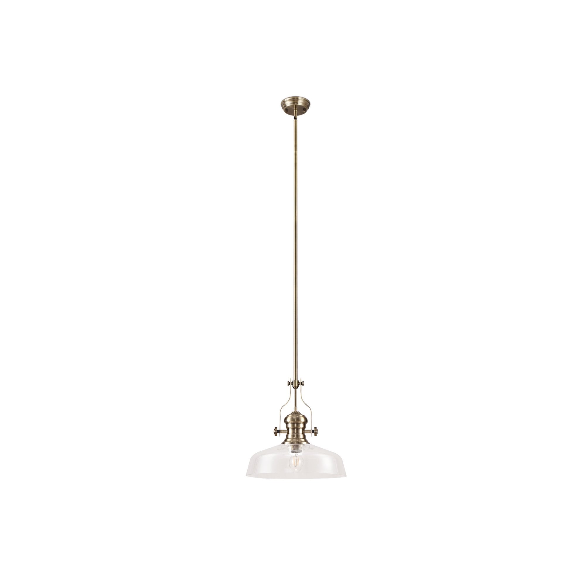 Fabula Epping Single Pendant - 38cm Flat Round Glass Shade - Antique Brass & Clear Glass