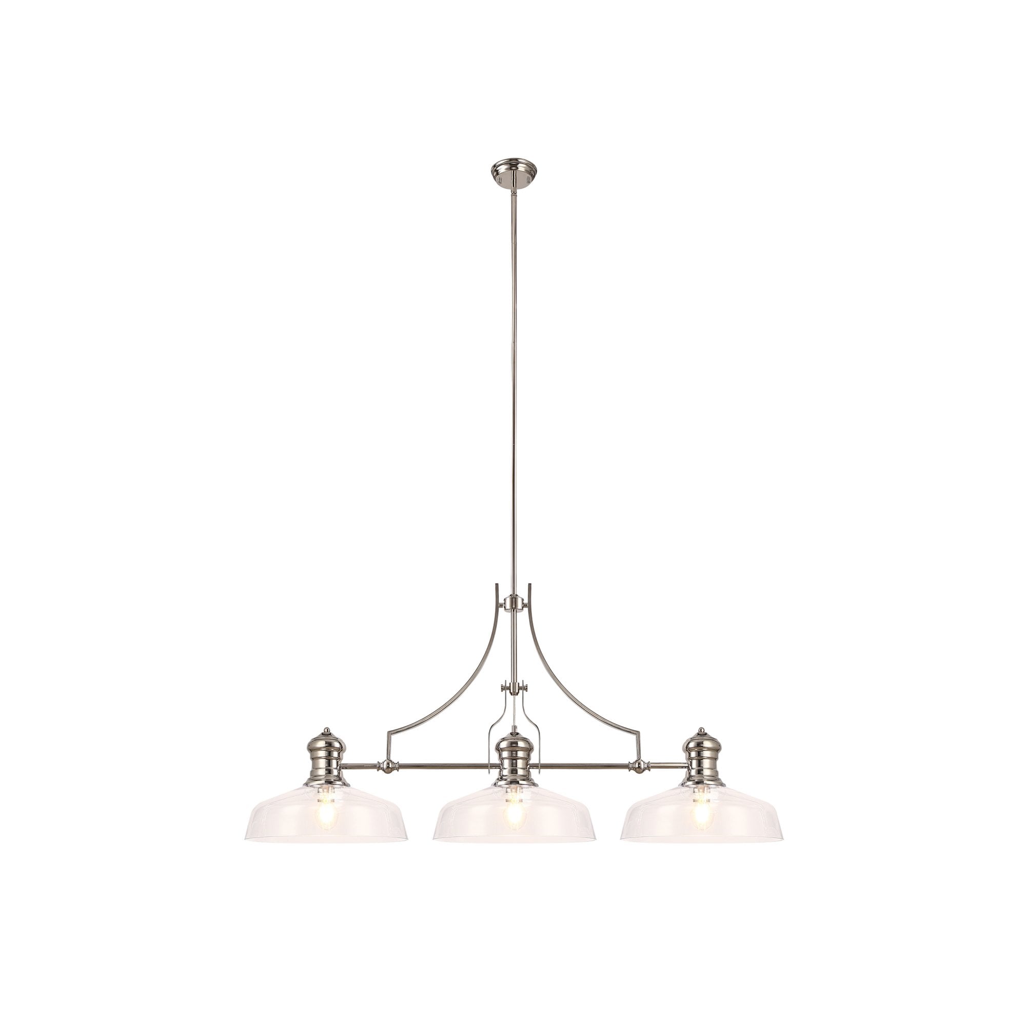 Fabula Epping 3 Light Linear Pendant - 38cm Flat Round Shades - Polished Nickel & Clear Glass