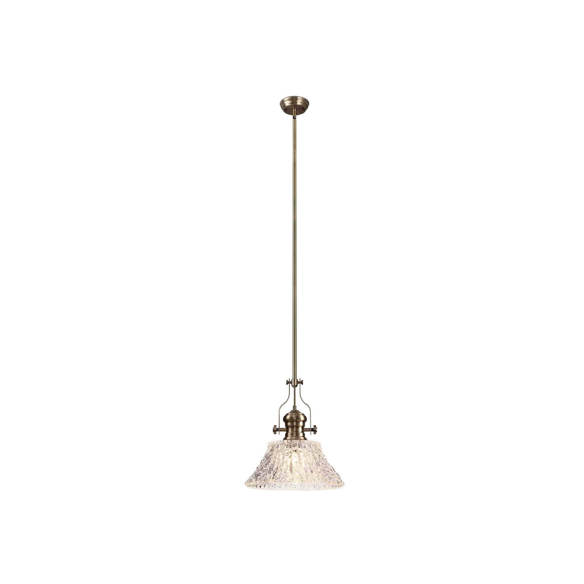 Fabula Epping Single Pendant - 38cm Patterned Round Glass Shade - Antique Brass & Clear Glass
