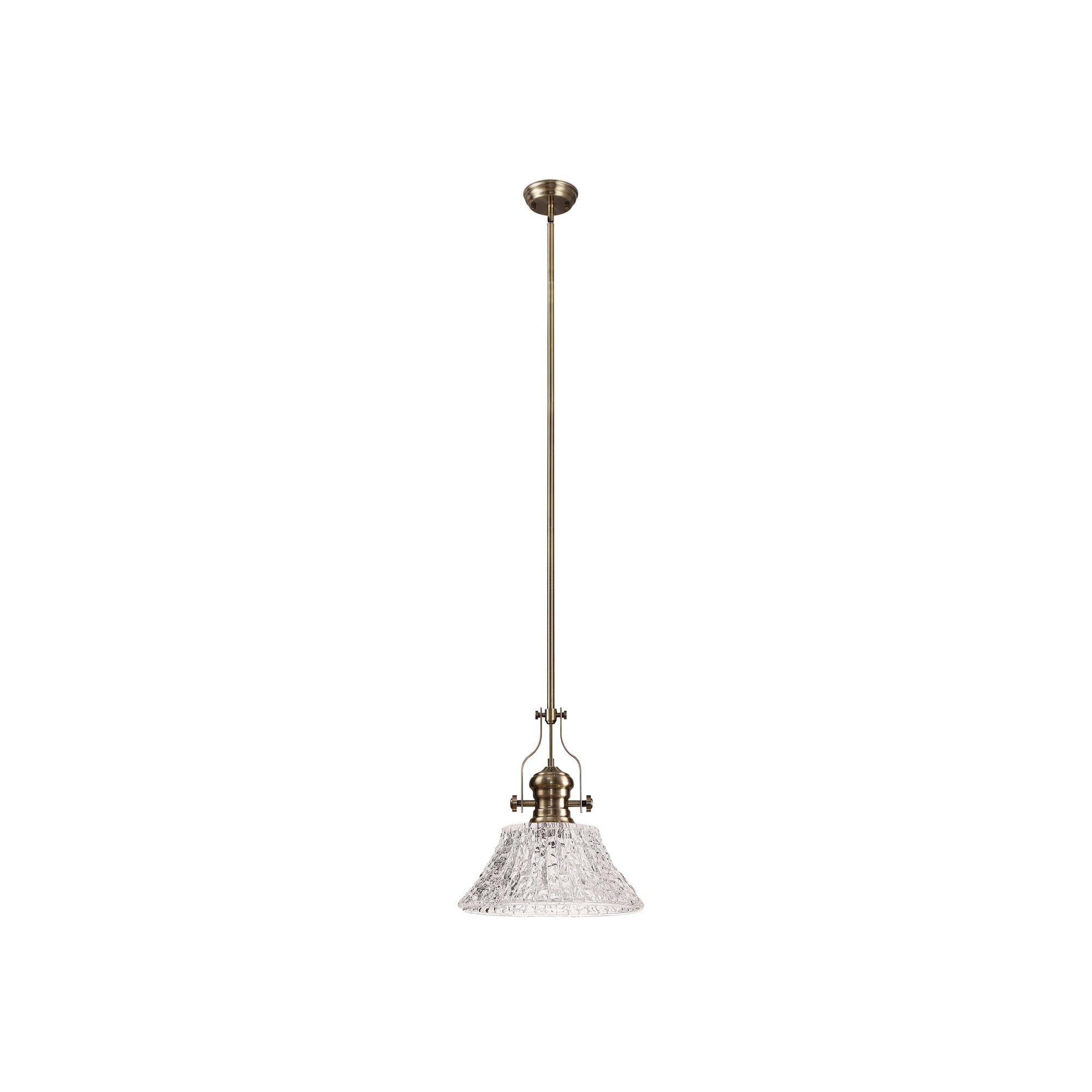 Fabula Epping Single Pendant - 38cm Patterned Round Glass Shade - Antique Brass & Clear Glass