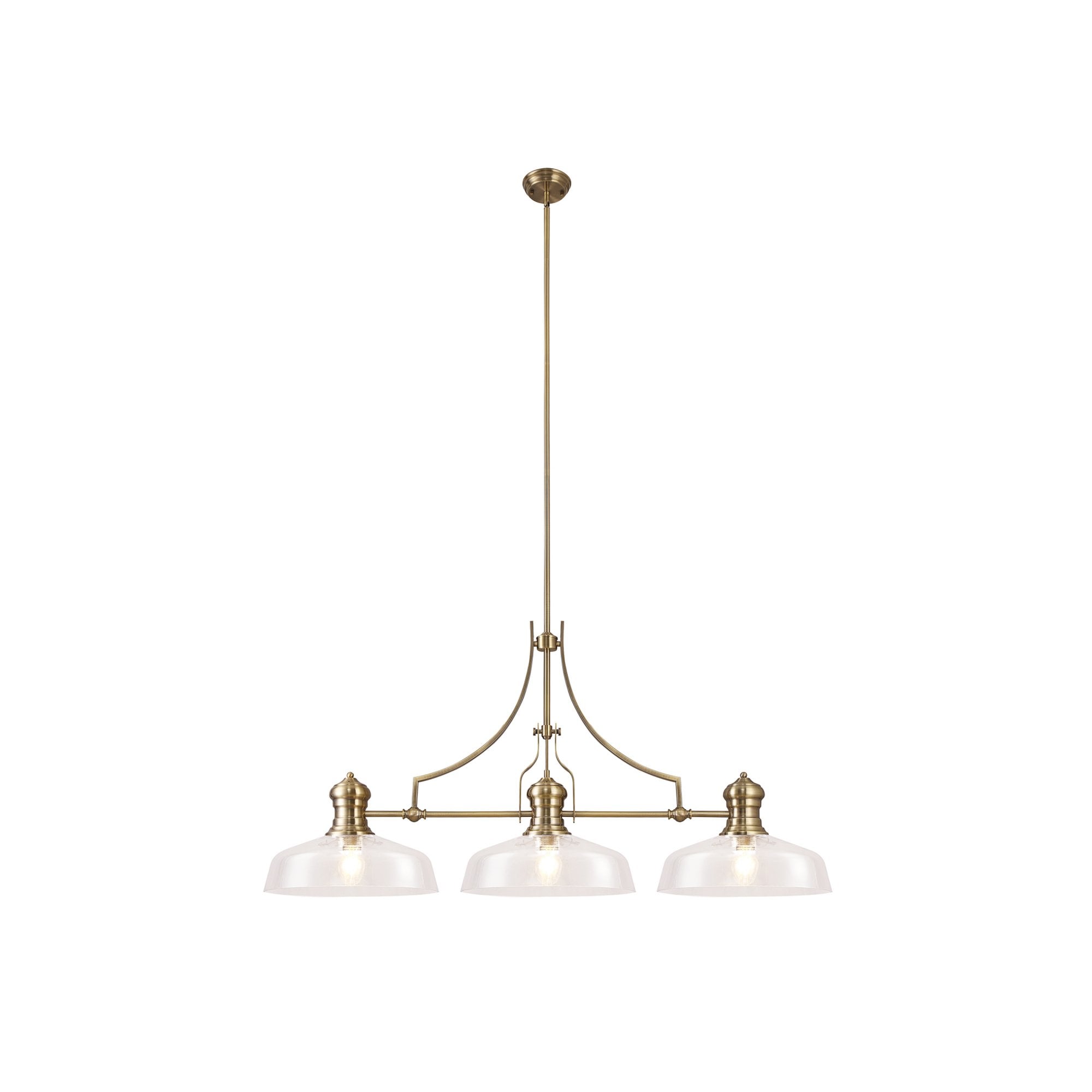 Fabula Epping 3 Light Linear Pendant - 38cm Flat Round Shades - Antique Brass & Clear Glass