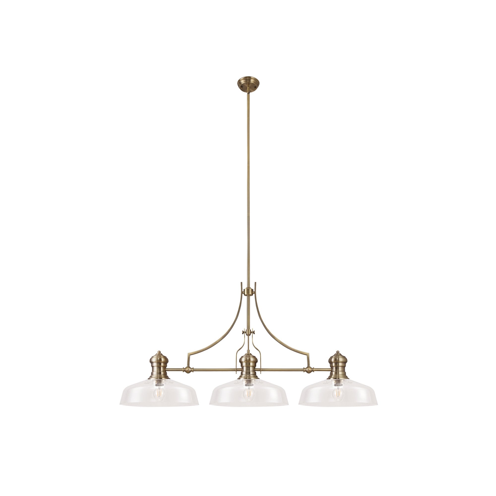 Fabula Epping 3 Light Linear Pendant - 38cm Flat Round Shades - Antique Brass & Clear Glass