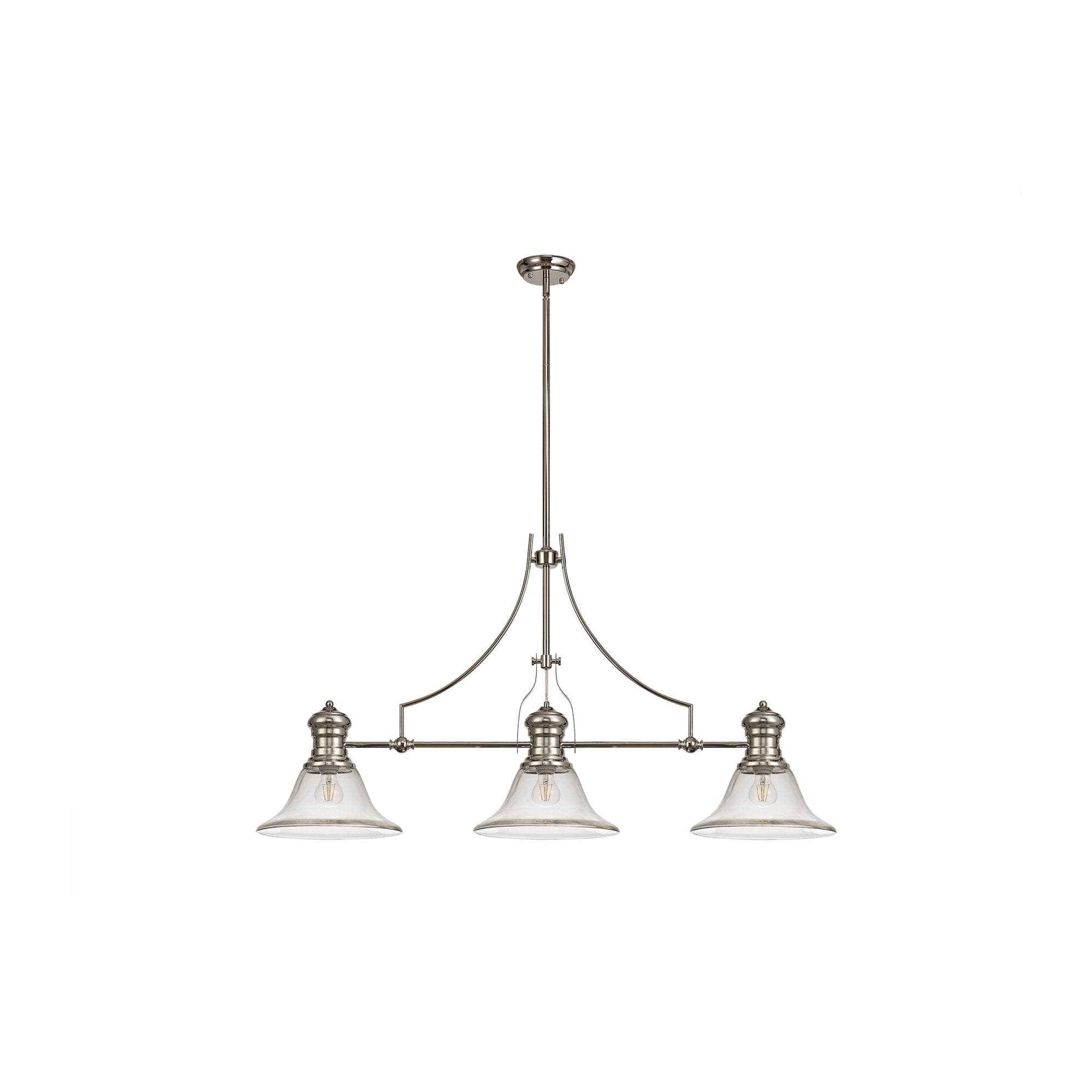 Fabula Epping 3 Light Linear Pendant - 30cm Smooth Bell Glass Shades - Polished Nickel & Clear Glass