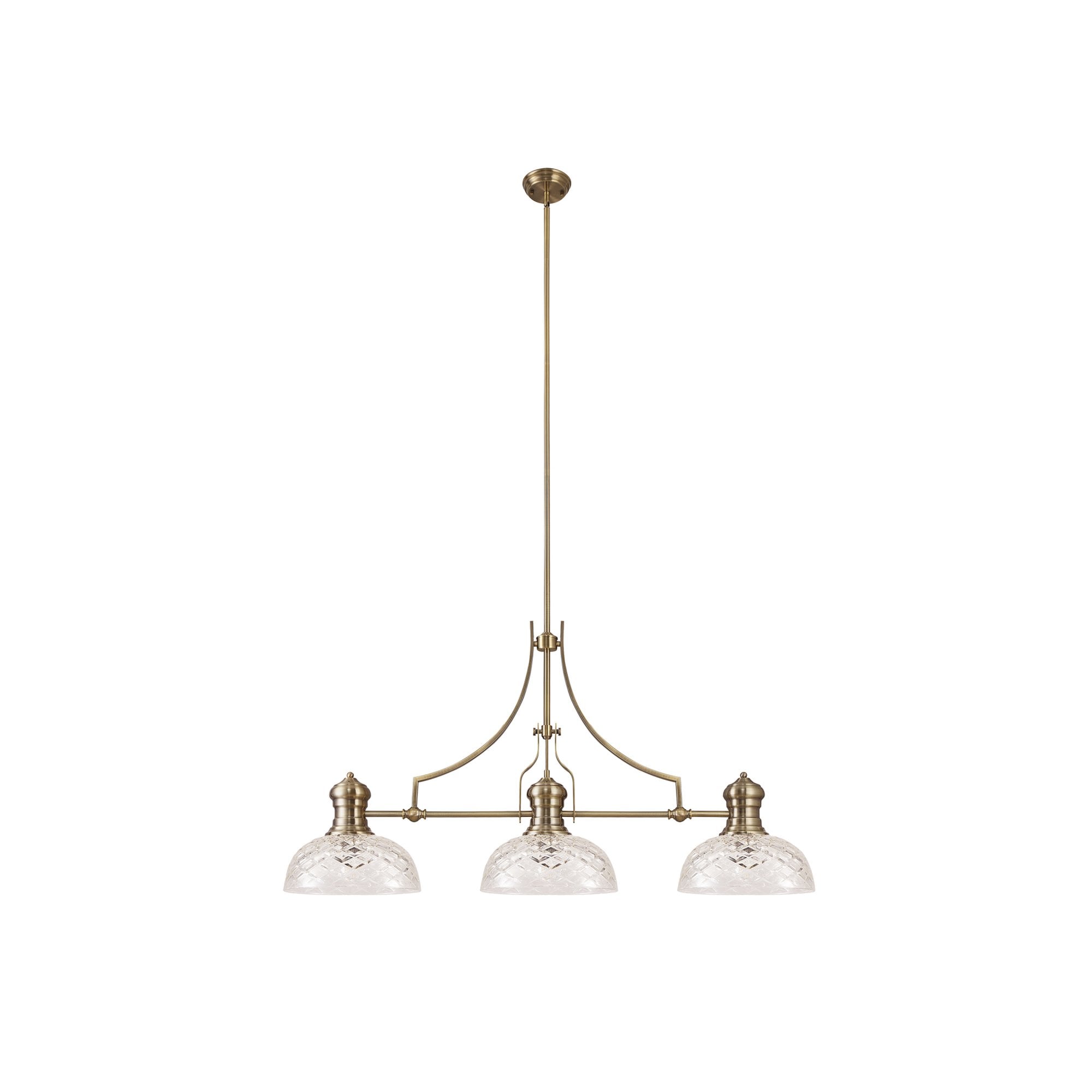 Fabula Epping 3 Light Linear Pendant - 30cm Flat Round Patterned Shades - Antique Brass & Clear Glass