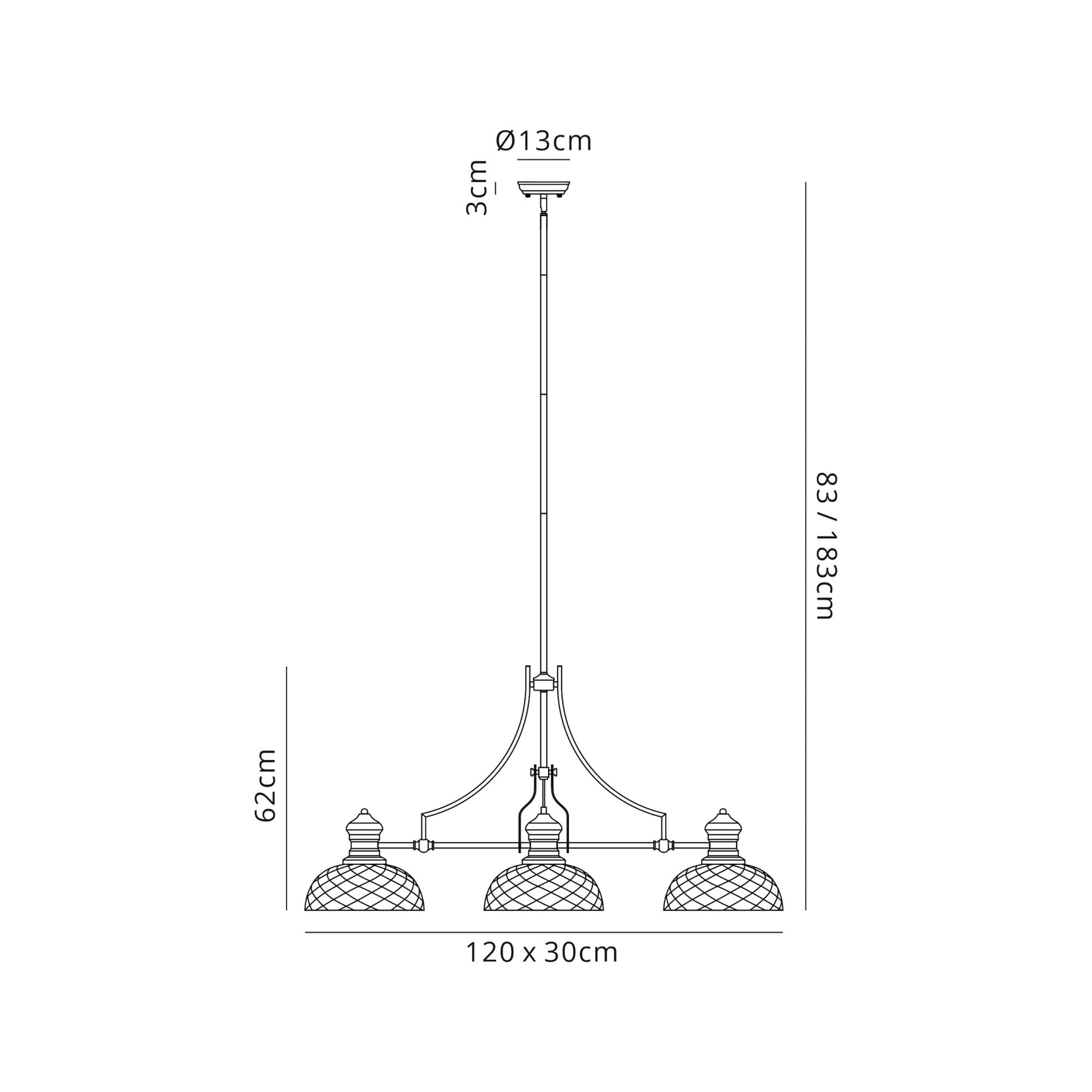 Fabula Epping 3 Light Linear Pendant - 30cm Flat Round Patterned Shades - Antique Brass & Clear Glass