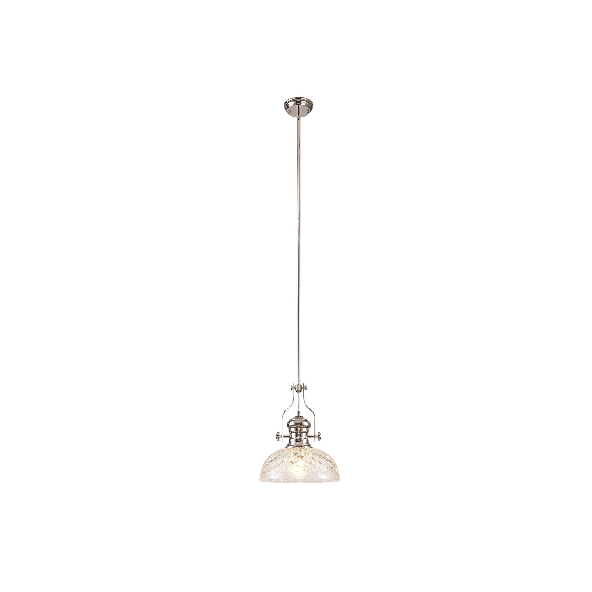 Fabula Epping Single Pendant - 30cm Flat Round Patterned Shade - Polished Nickel & Clear Glass