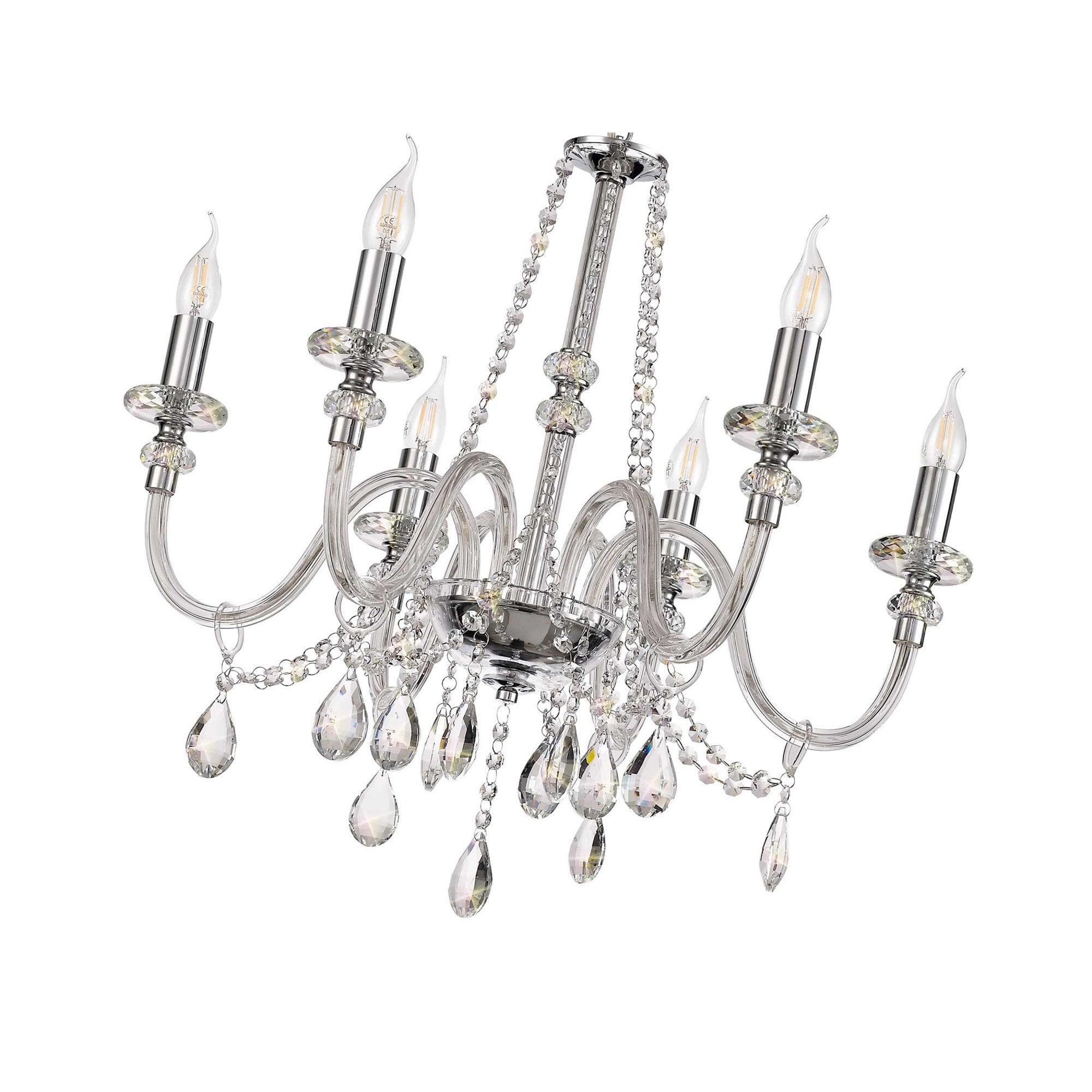 Fabula Hickman 6 Light Chandelier Pendant - Polished Chrome, Clear Glass & Crystal