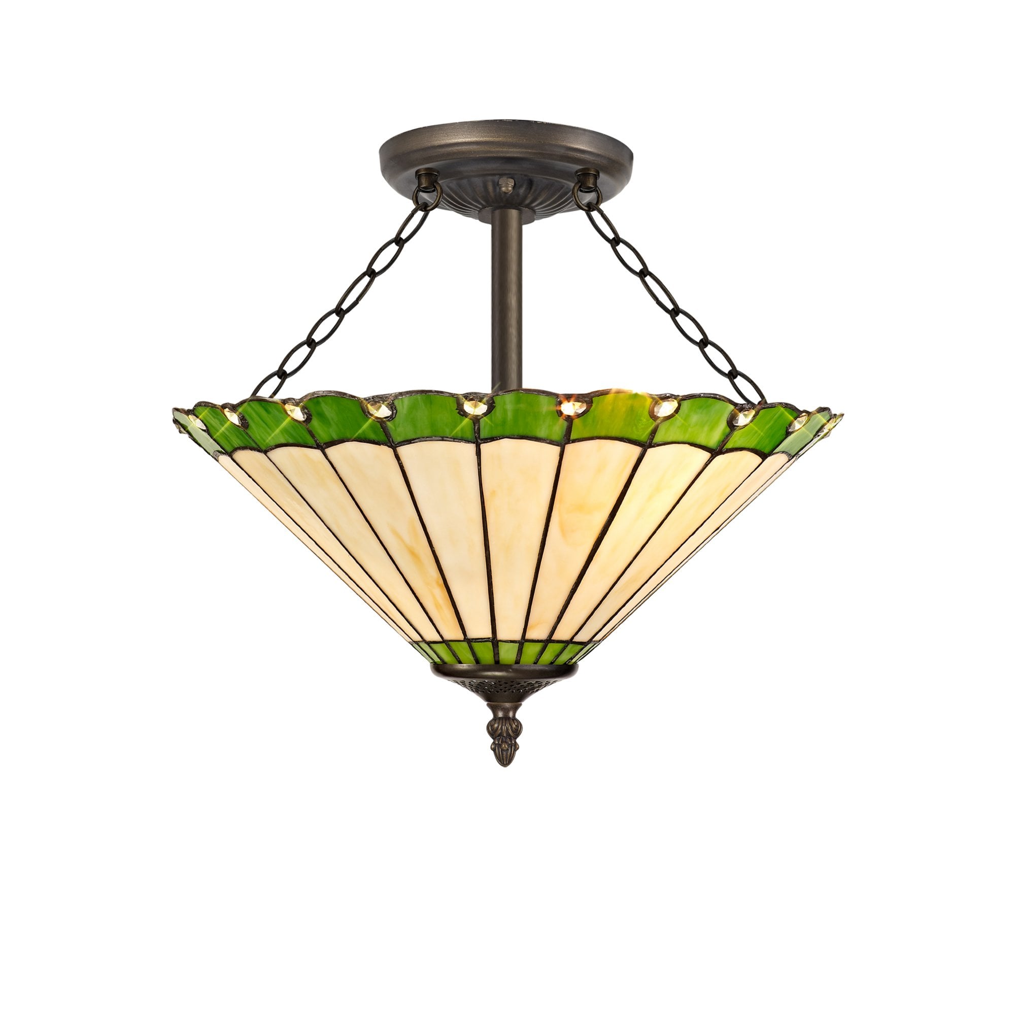 Fabula Amberley 3 Light Semi-Flush Light - 40cm Tiffany Shade - Green & Cream