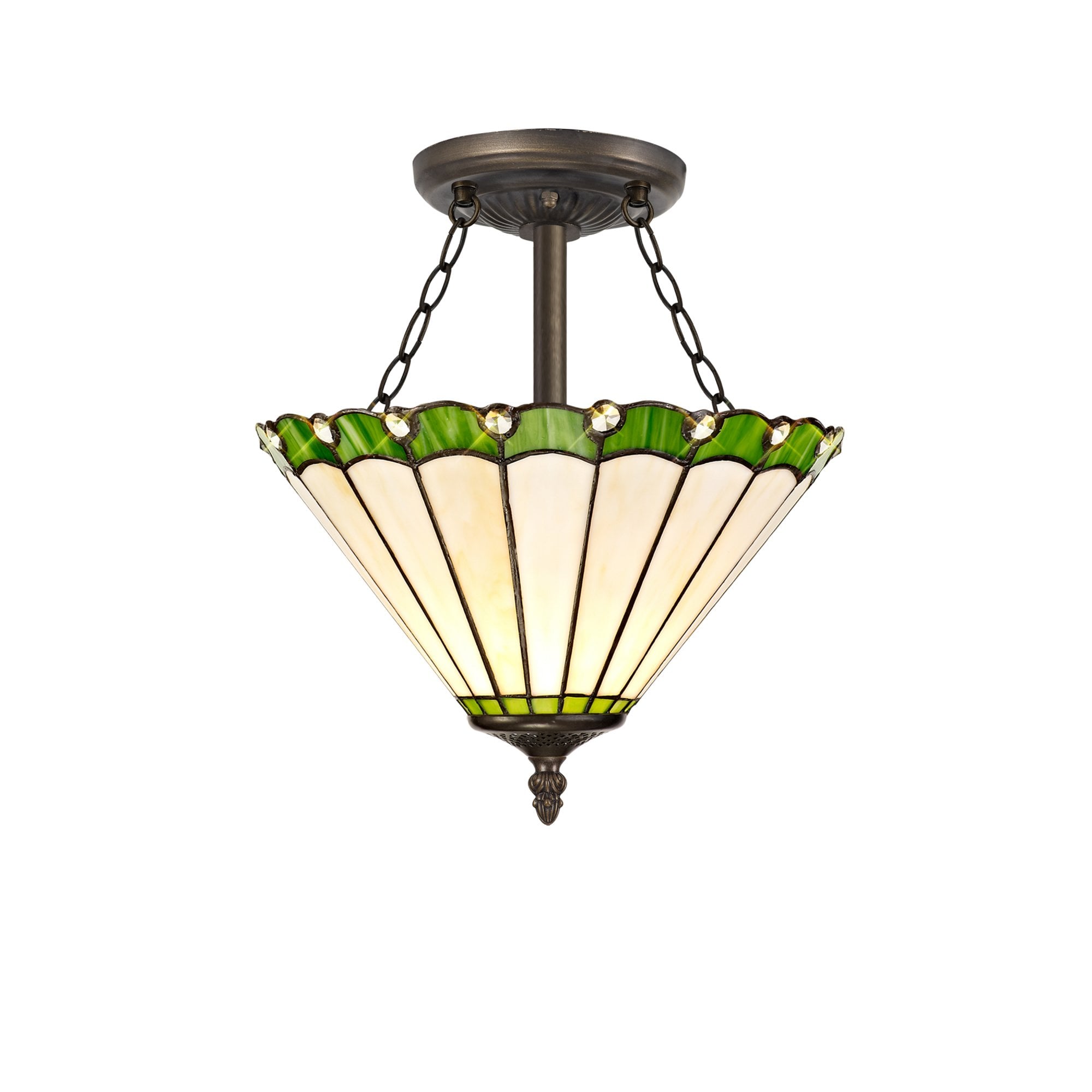 Fabula Amberley 3 Light Semi-Flush Light - 30cm Tiffany Shade - Green & Cream