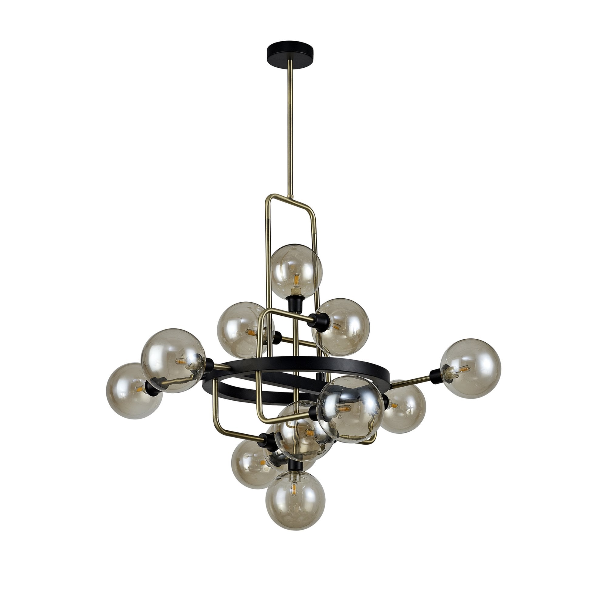 Fabula Appleby 12 Light Fixed Pendant - Matt Black, Antique Brass & Cognac Glass
