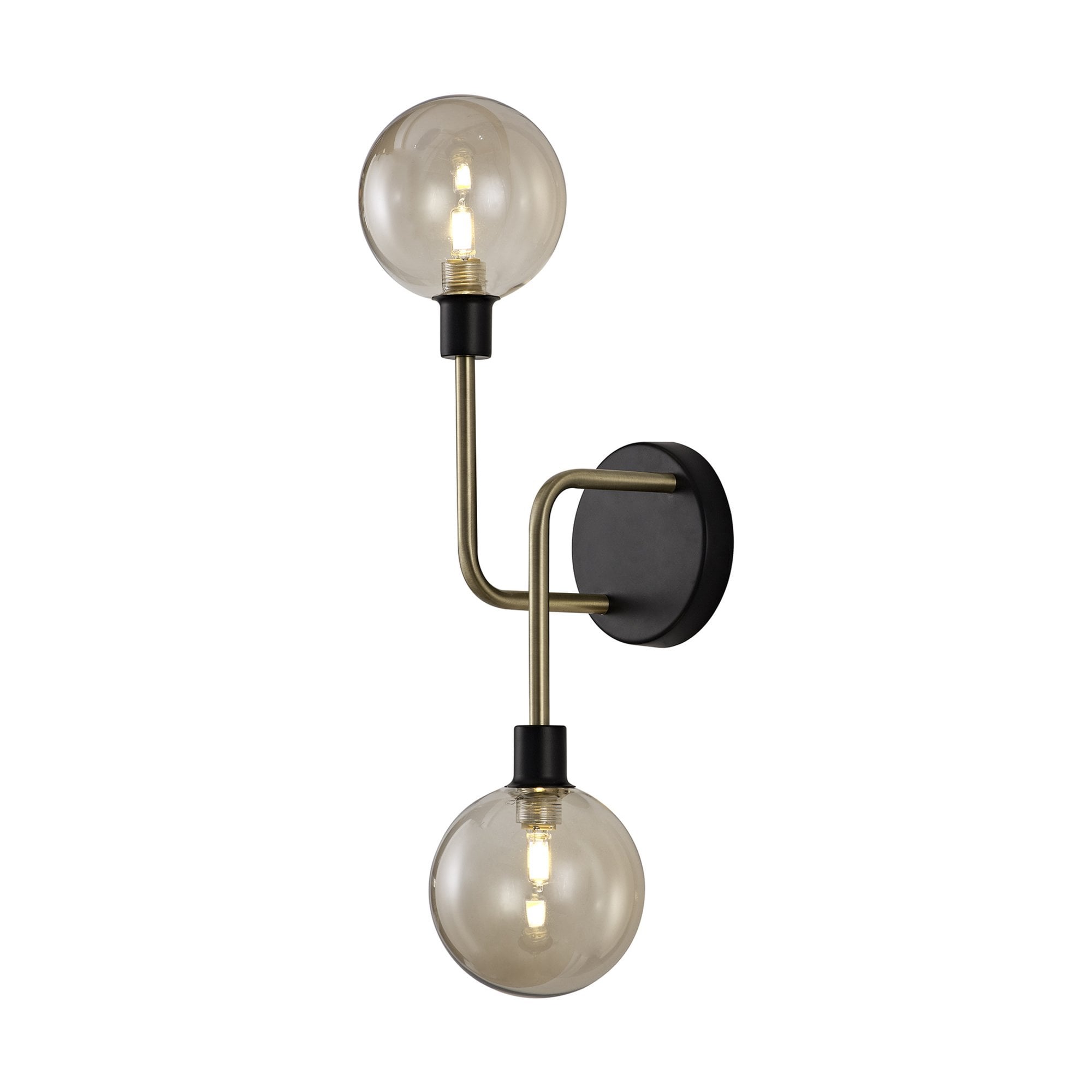 Fabula Appleby 2 Light Wall Lamp - Matt Black, Antique Brass & Cognac Glass