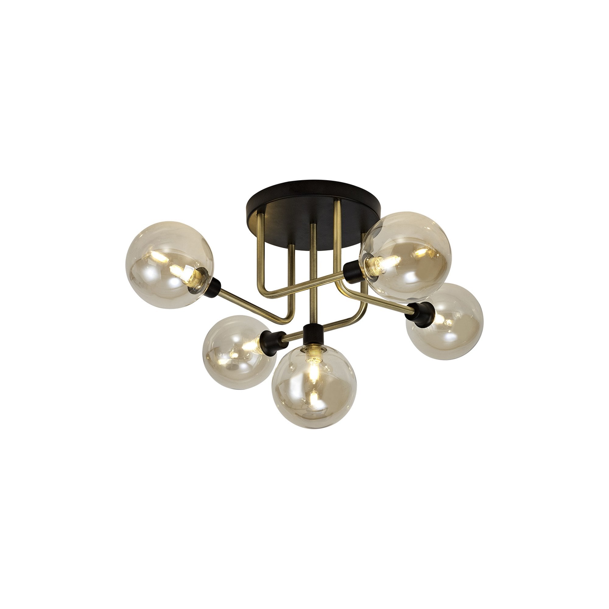 Fabula Appleby 5 Light Flush Light - Matt Black, Antique Brass & Cognac Glass