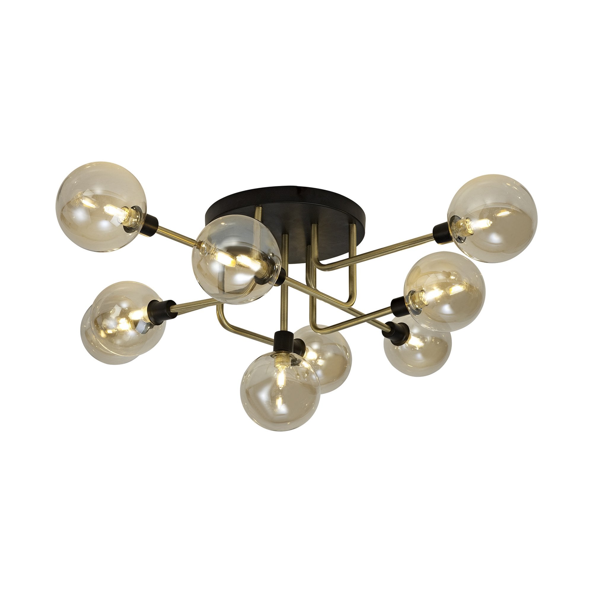 Fabula Appleby 9 Light Flush Light - Matt Black, Antique Brass & Cognac Glass