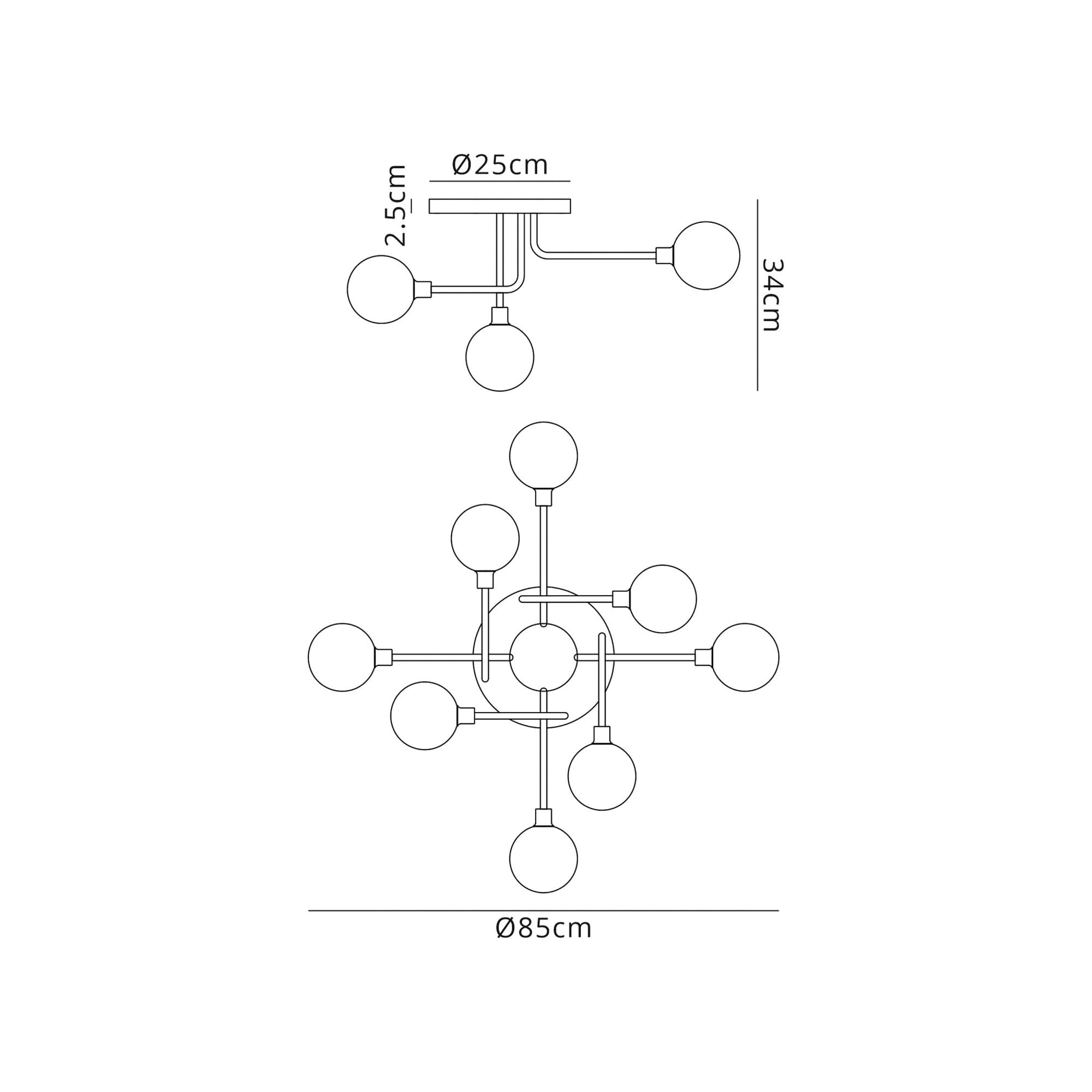 Fabula Appleby 9 Light Flush Light - Matt Black, Antique Brass & Cognac Glass