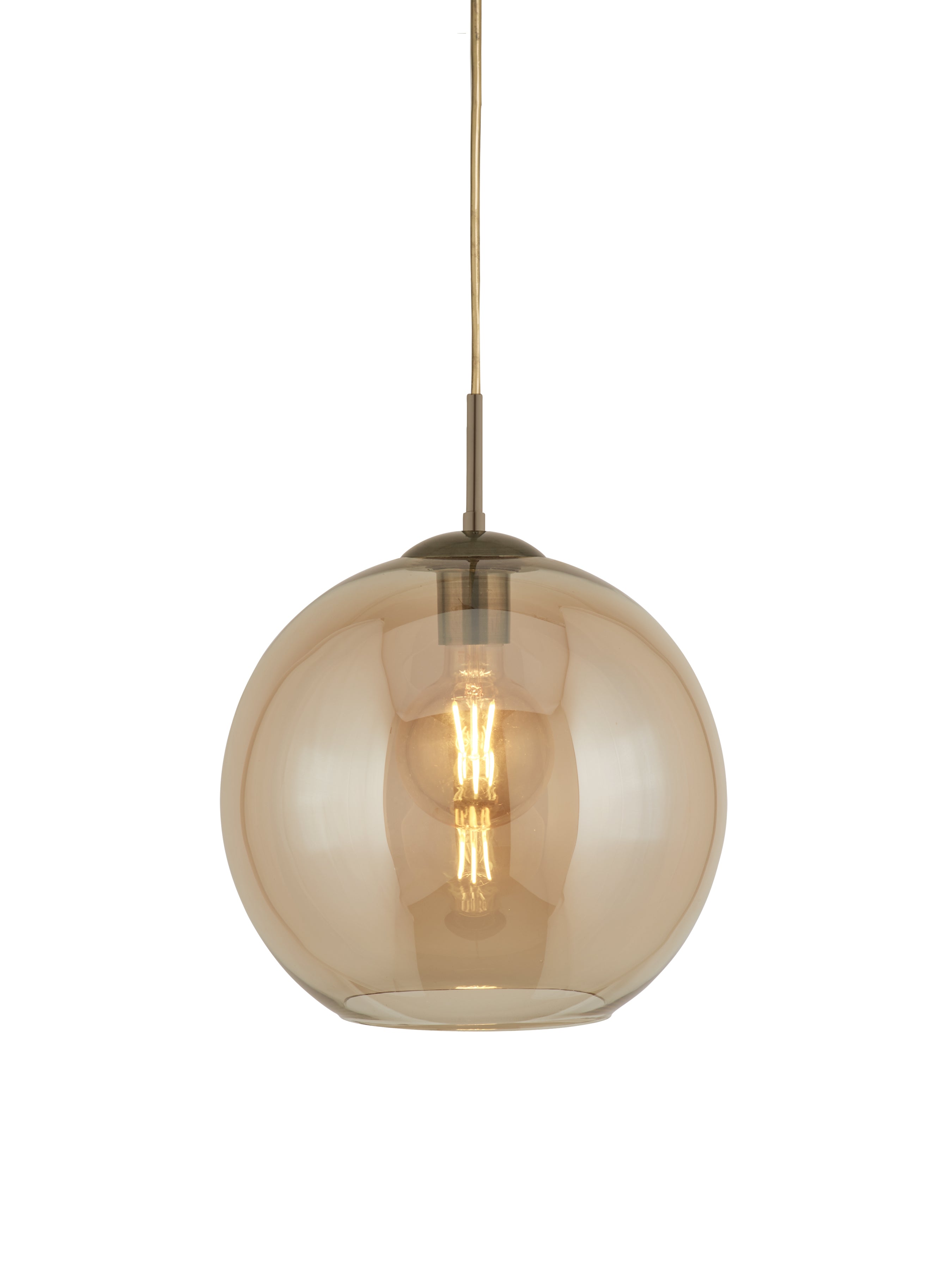 Searchlight Baines Single Round Pendant (25cm Diameter), Amber Glass, Antique Brass