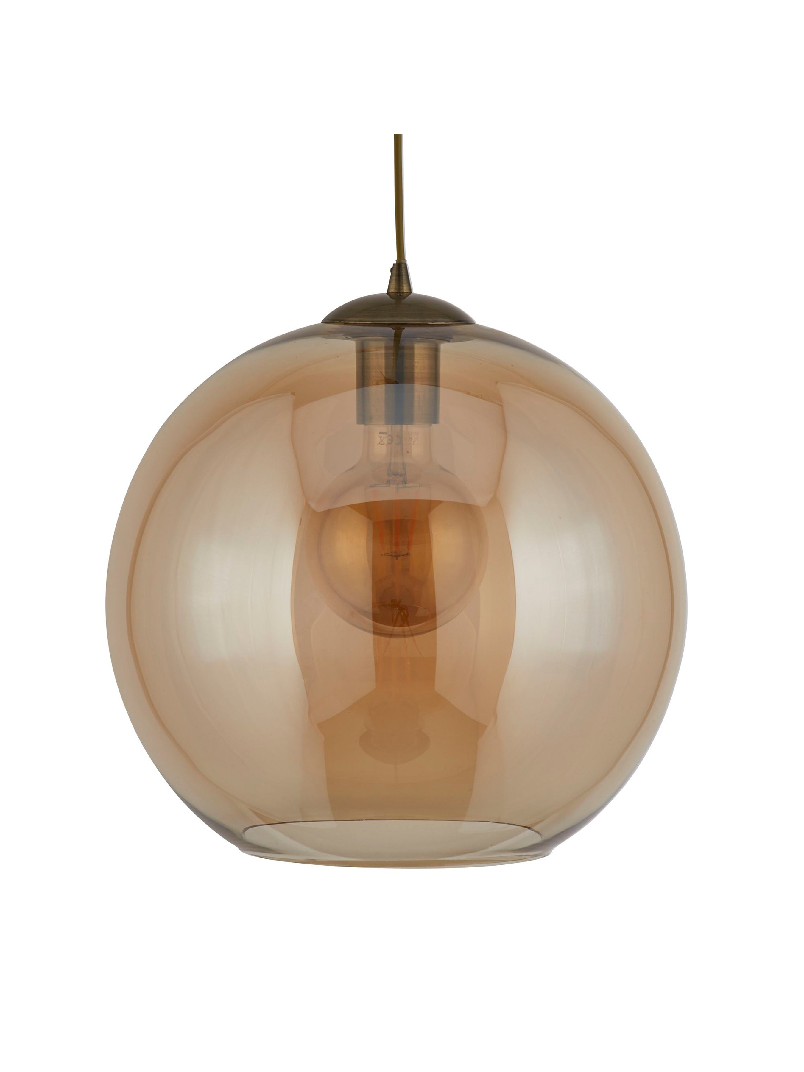 Searchlight Baines Single Round Pendant (25cm Diameter), Amber Glass, Antique Brass