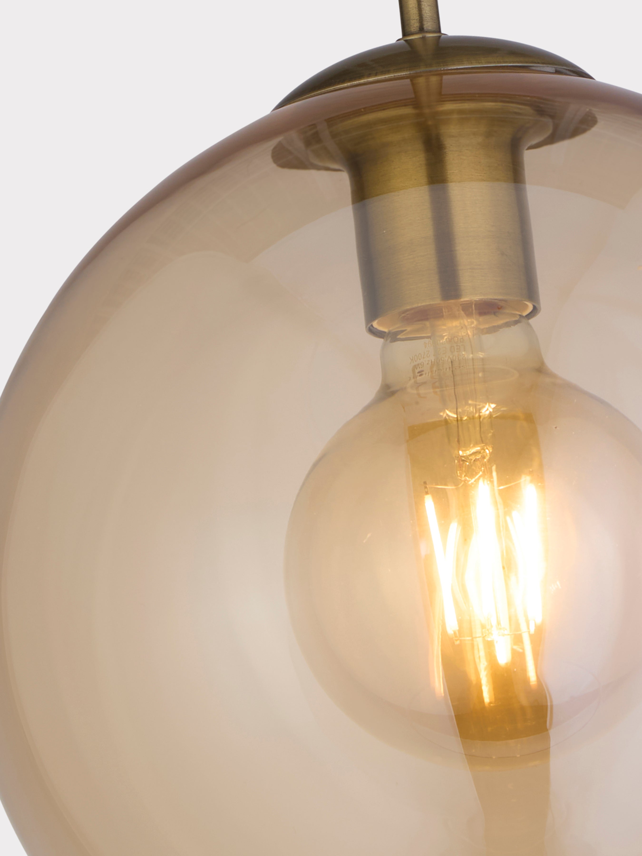 Searchlight Baines Single Round Pendant (25cm Diameter), Amber Glass, Antique Brass