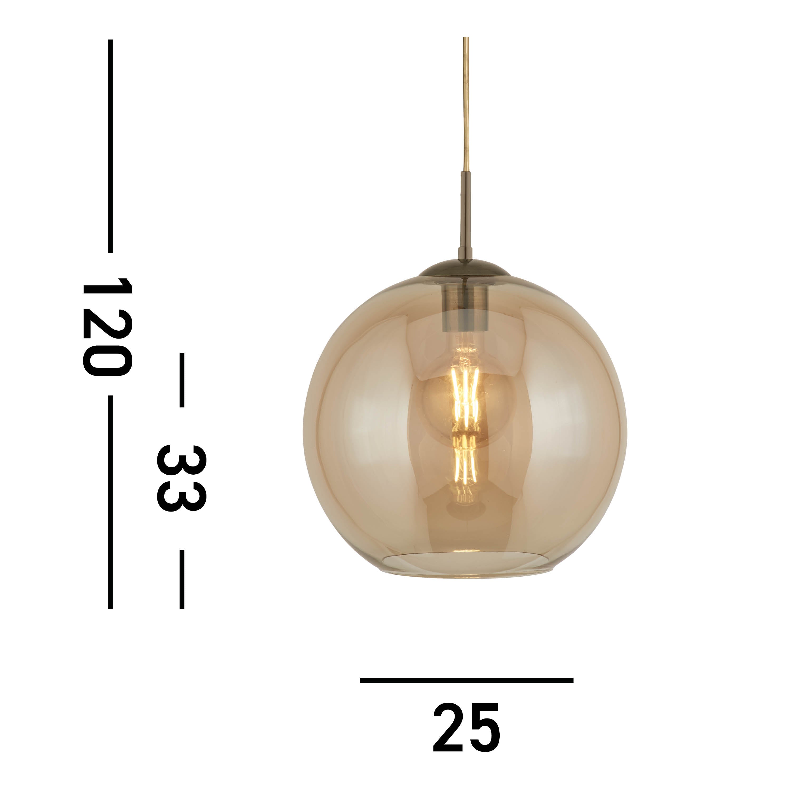 Searchlight Baines Single Round Pendant (25cm Diameter), Amber Glass, Antique Brass