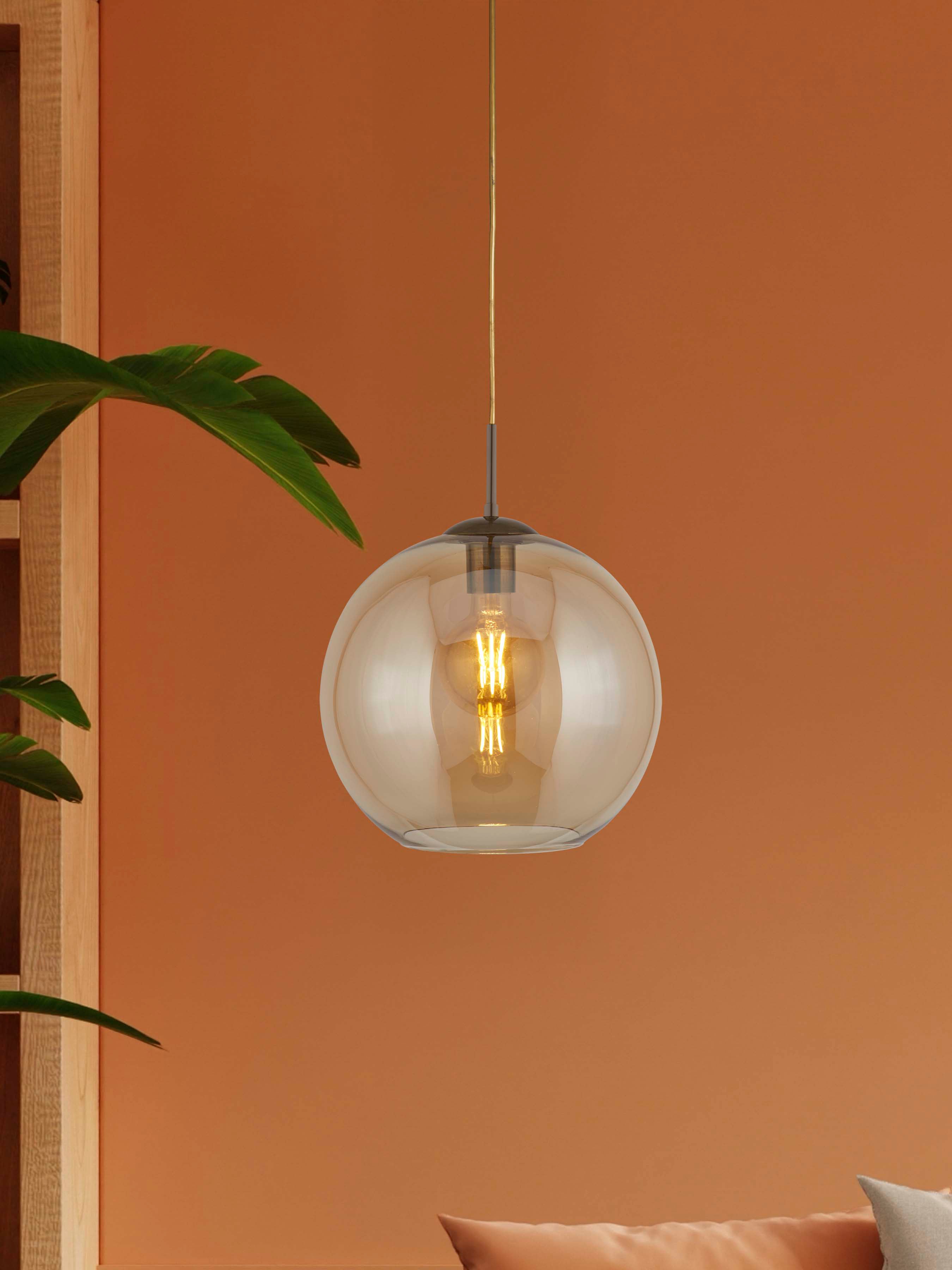 Searchlight Baines Single Round Pendant (25cm Diameter), Amber Glass, Antique Brass