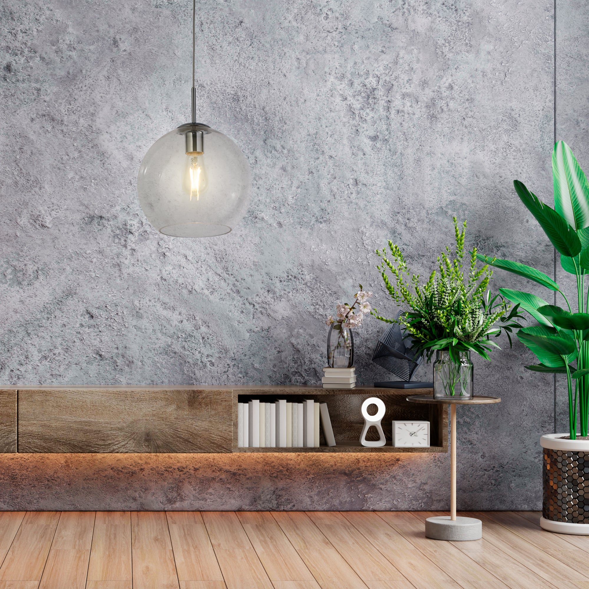 Searchlight Baines Single Round Pendant (25cm Diameter), Clear Glass, Chrome