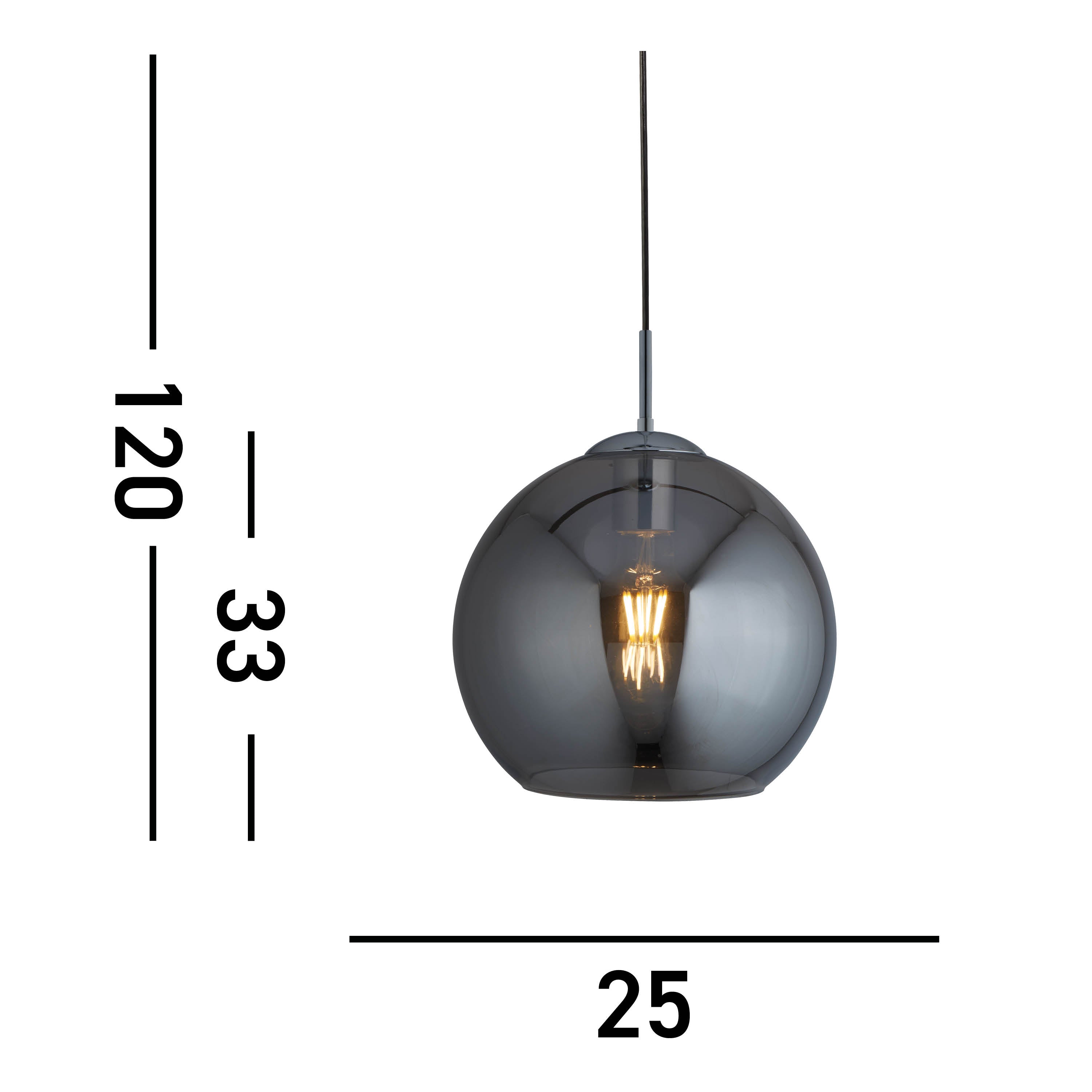 Searchlight Baines Single Round Pendant (25cm Diameter), Smoked Glass, Chrome