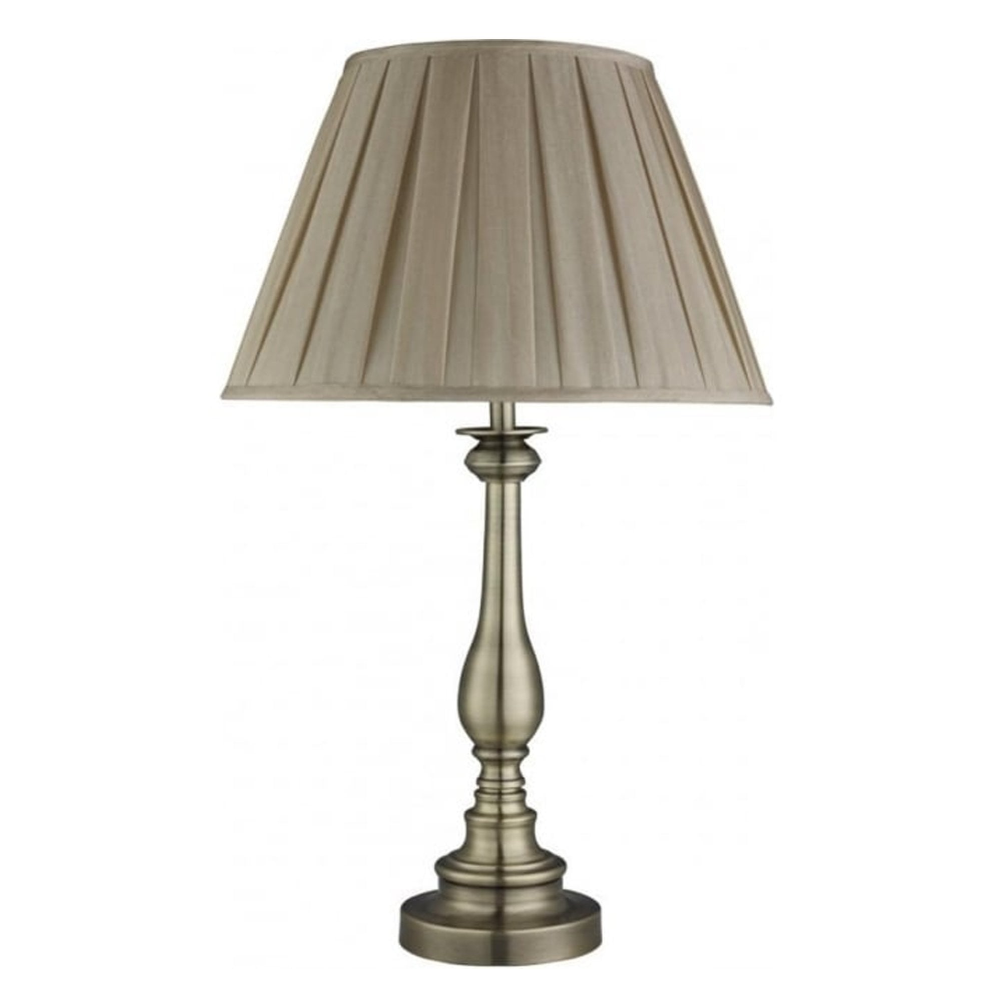 Searchlight Fearnside Table Lamp, Spindle Base, Antique Brass, Mink Pleated Shade