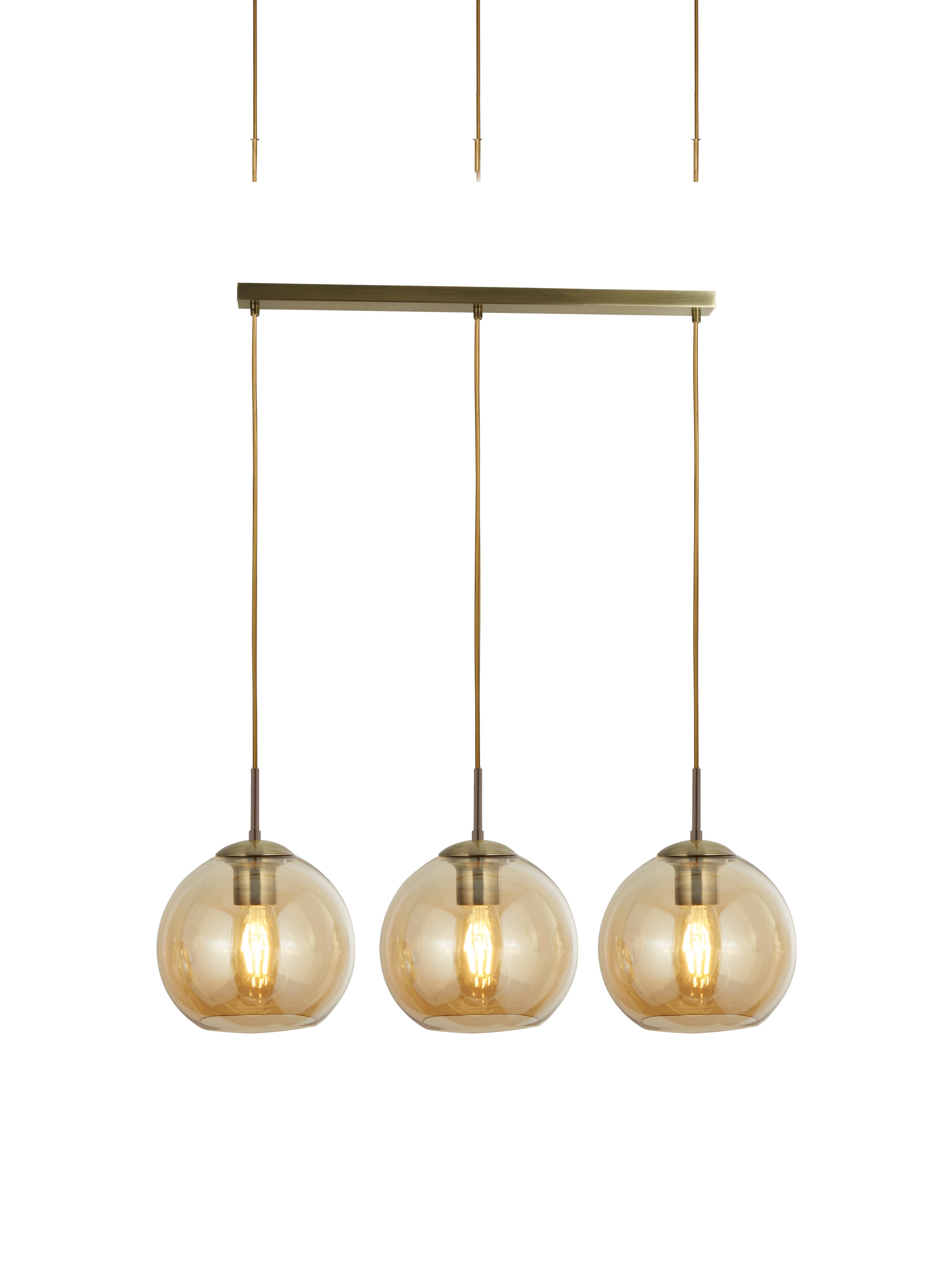 Searchlight Pendant 3 Light Bar, Antique Brass With Amber Glass