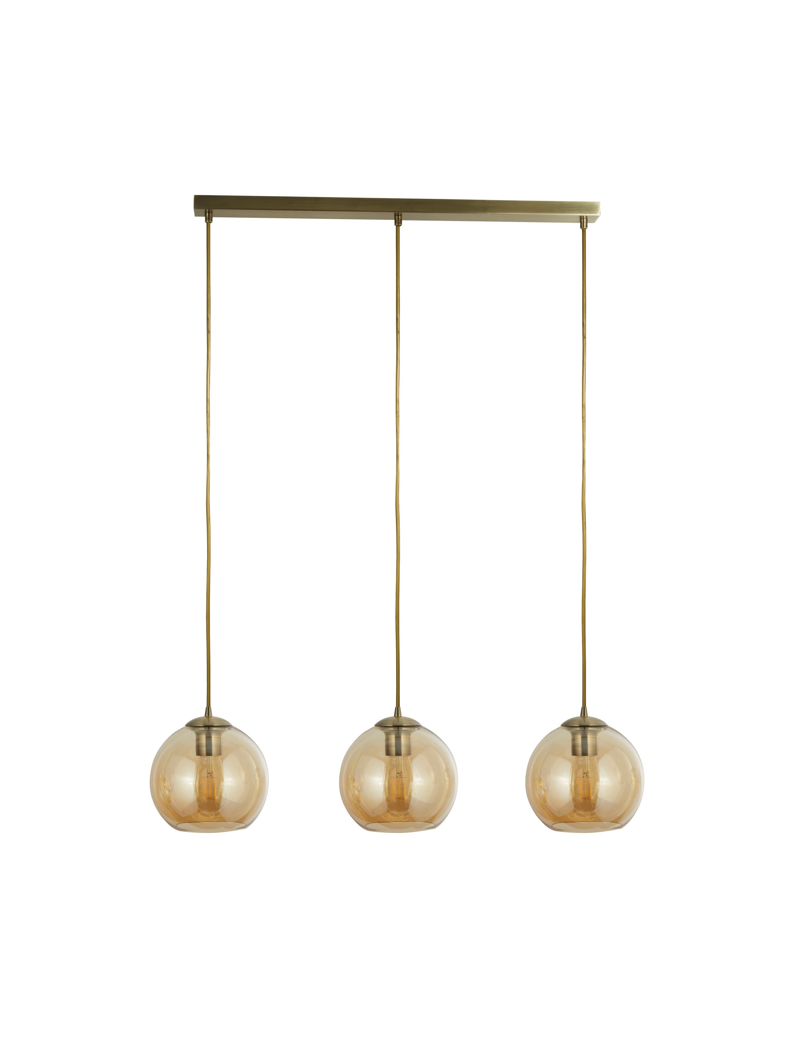 Searchlight Pendant 3 Light Bar, Antique Brass With Amber Glass