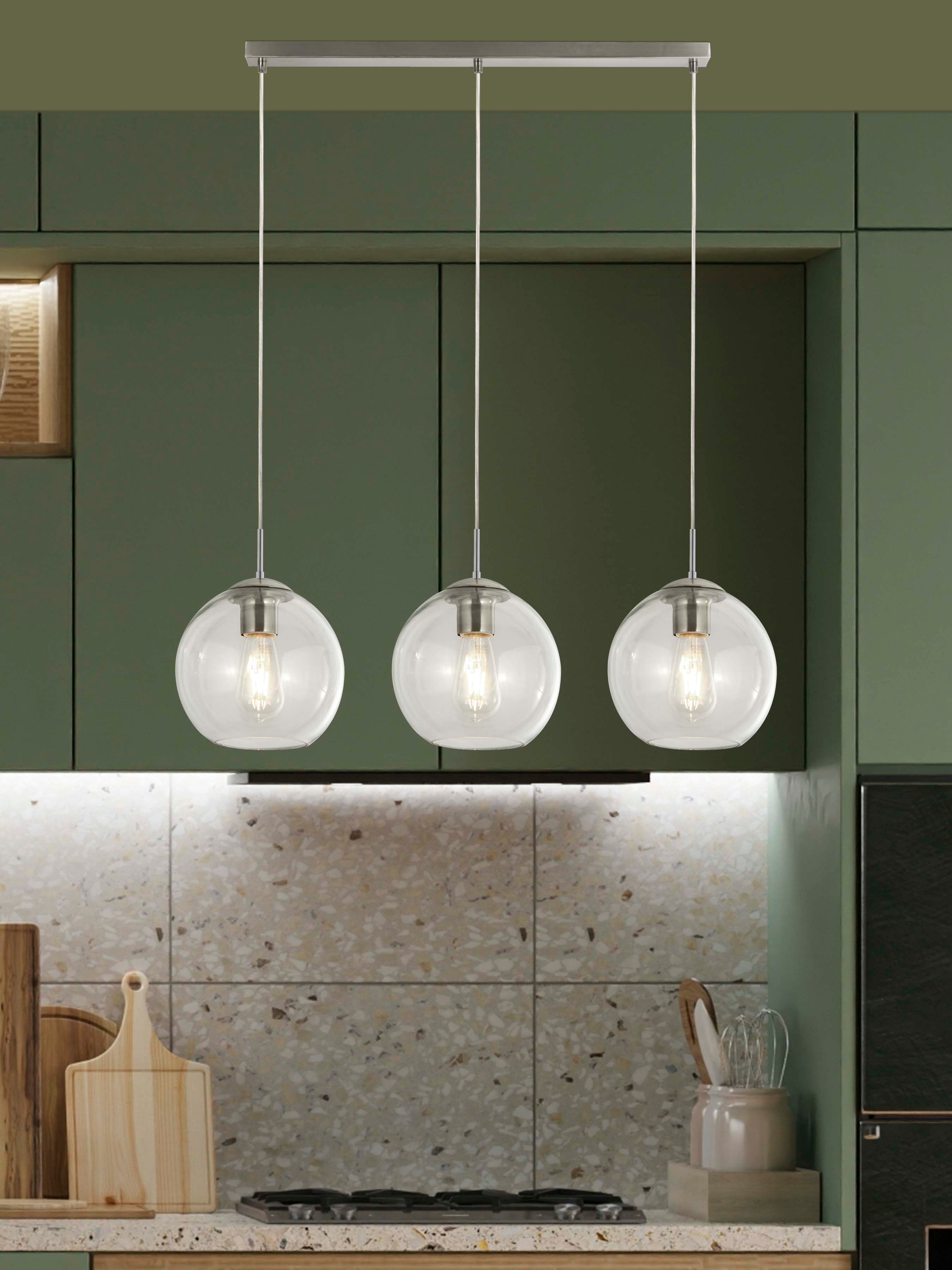 Searchlight Pendant 3 Light Bar, Satin Silver With Clear Glass