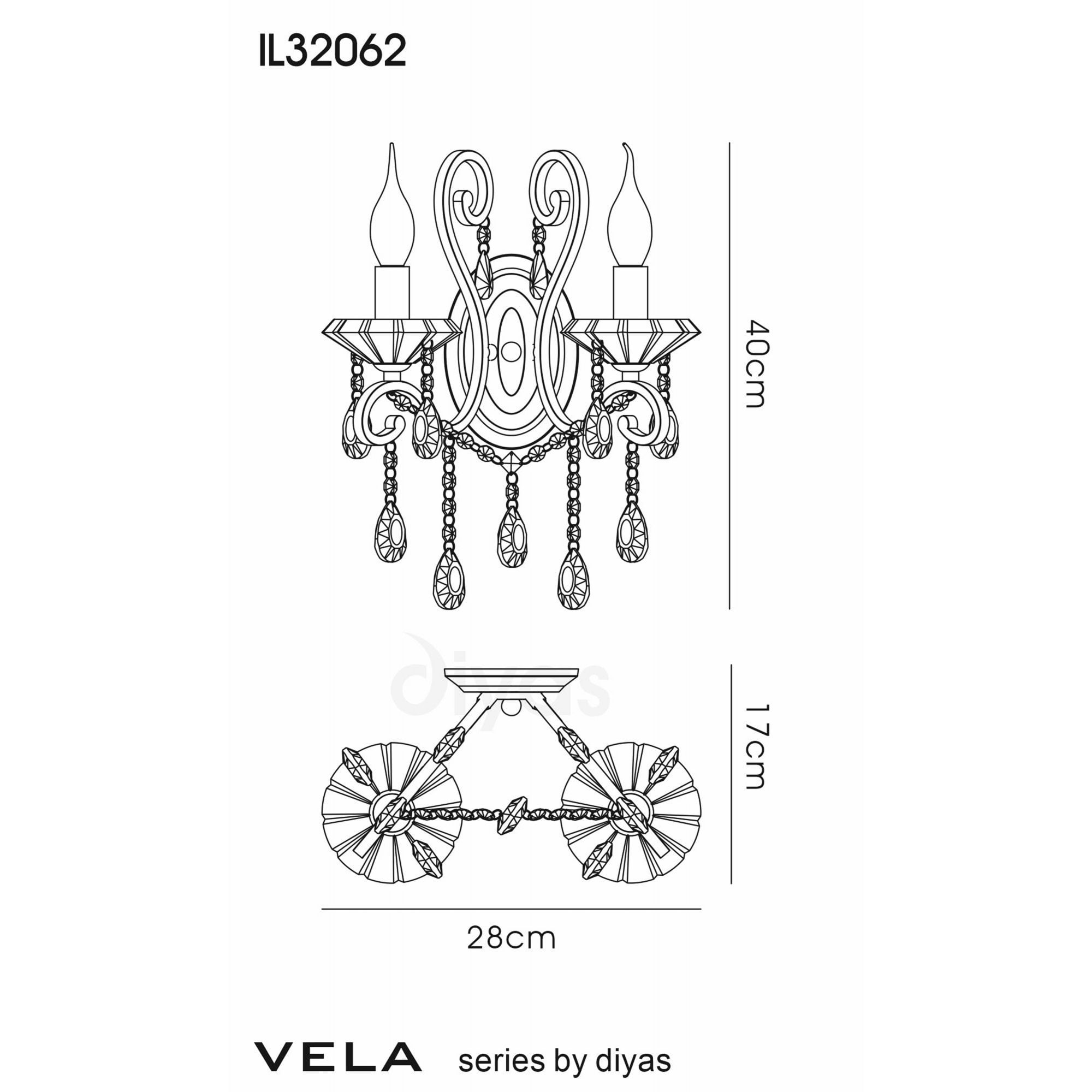 Diyas IL32062 Vela Wall Light Switched 2 Light French Gold/Crystal