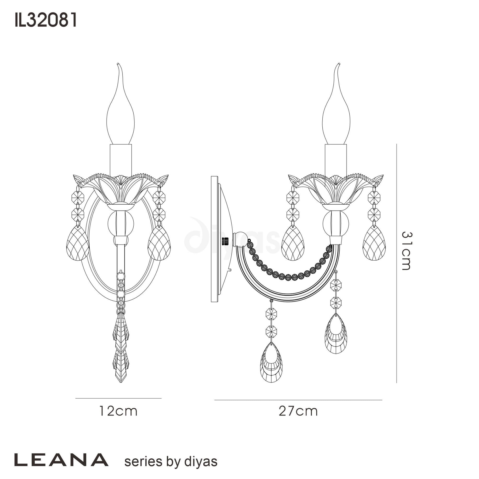 Diyas IL32081 Leana Wall Light Switched 1 Light Satin Nickel/Crystal
