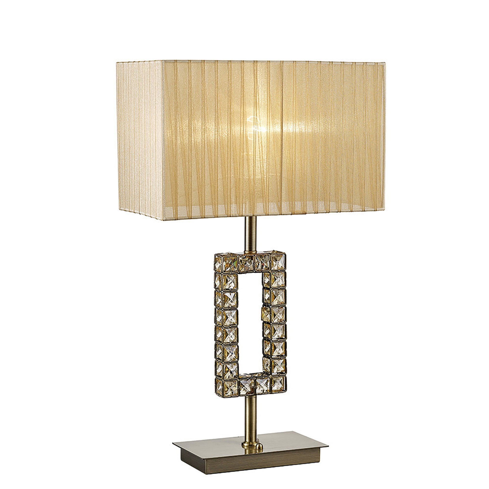 Diyas IL31722 Florence Rectangle Table Lamp With Soft Bronze Shade 1 Light Antique Brass/Crystal