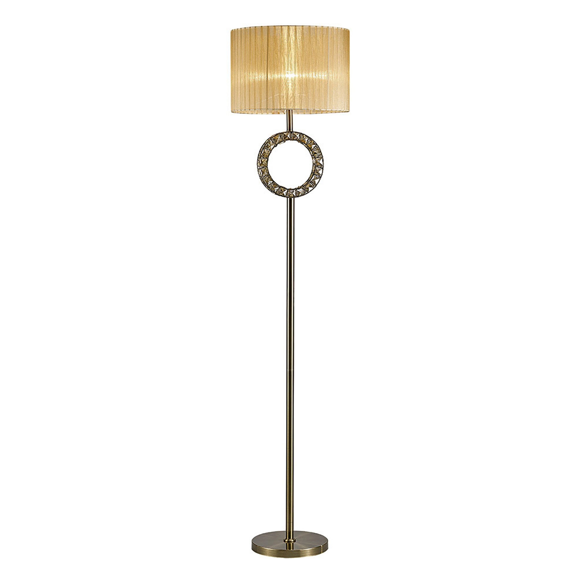 Diyas IL31721 Florence Round Floor Lamp With Soft Bronze Shade 1 Light Antique Brass/Crystal