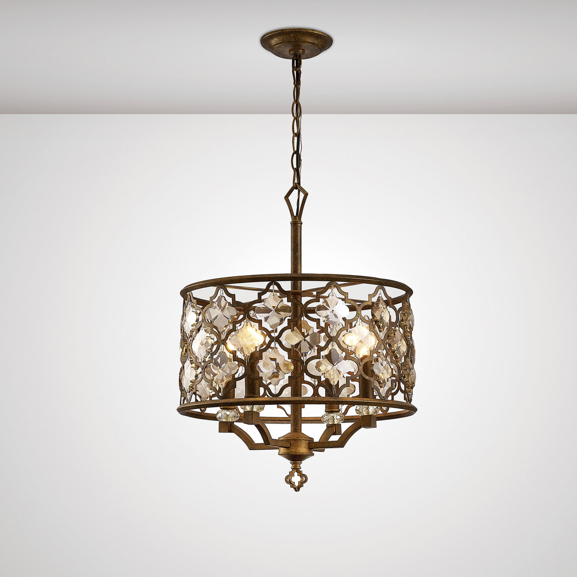 Diyas IL31695 Indie Pendant 4 Light E14 Round Mocha/Teak Plated Crystal