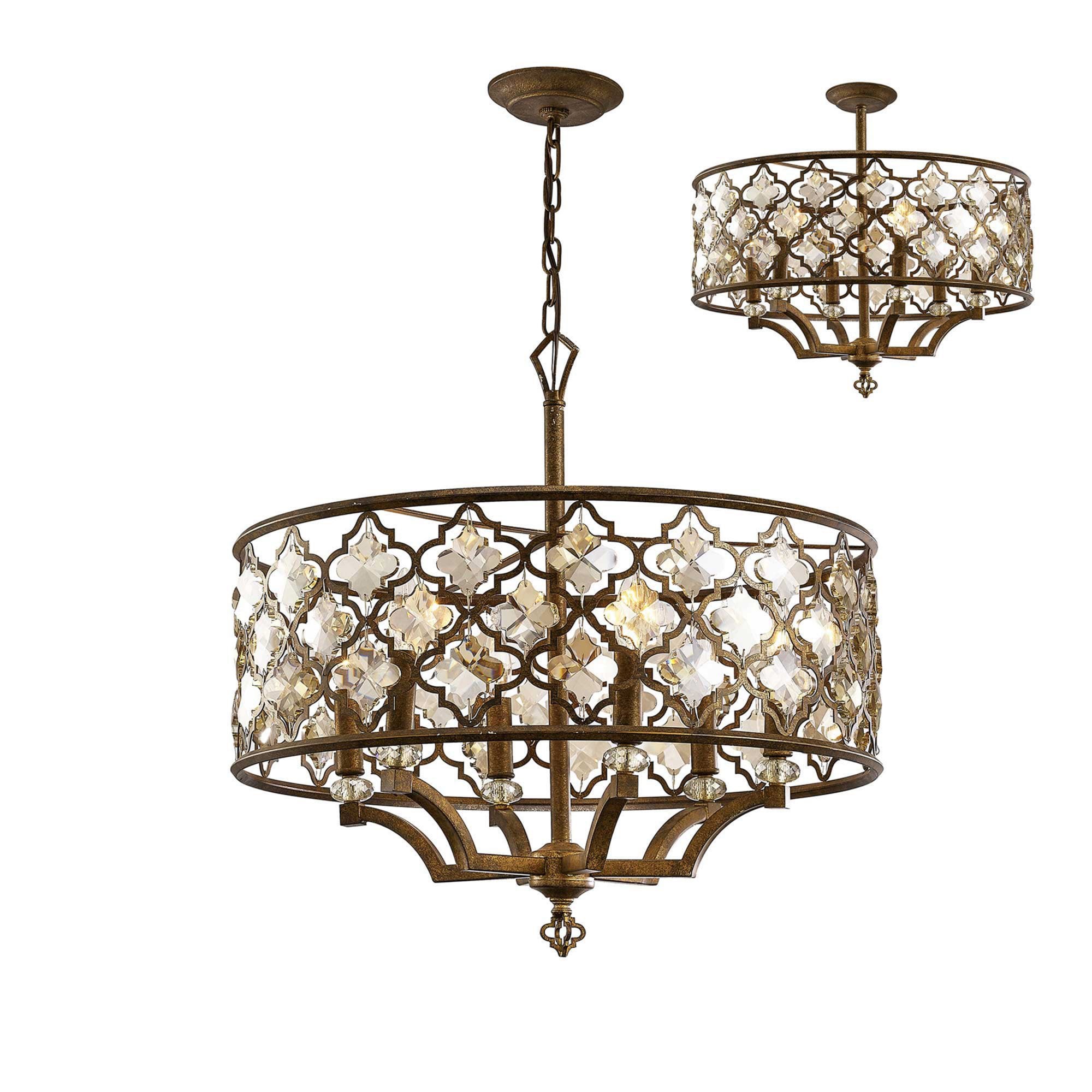 Diyas IL31696 Indie Pendant 6 Light E14 Round Mocha/Teak Plated Crystal
